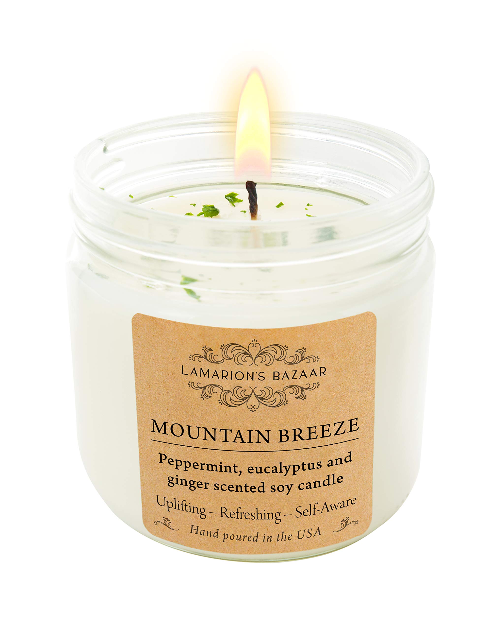 Mountain Breeze - Peppermint, Eucalyptus and Ginger Spice Candle Decorated with Dry Eucalyptus - Large Soy Candle in a Kraft Box