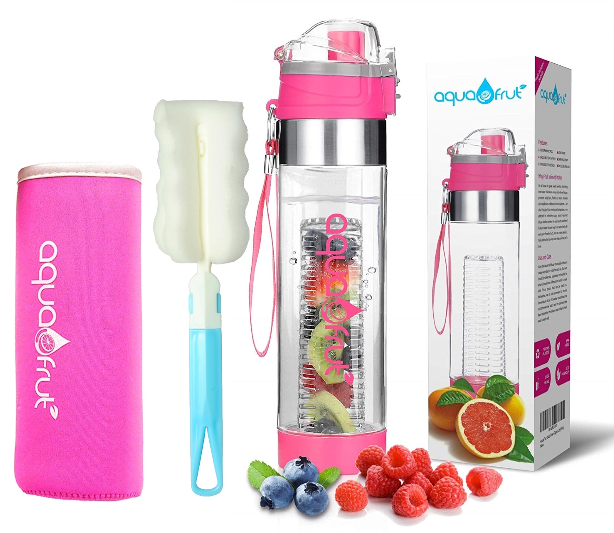 NEW AquaFrut Unique Bottom Loading Fruit Infuser Water Bottle Complete Bundle Includes Bottle Brush, Insulating Sleeve & Infusion Recipe eBook. Leak Proof Sweat Proof BPA-Free (Pink)