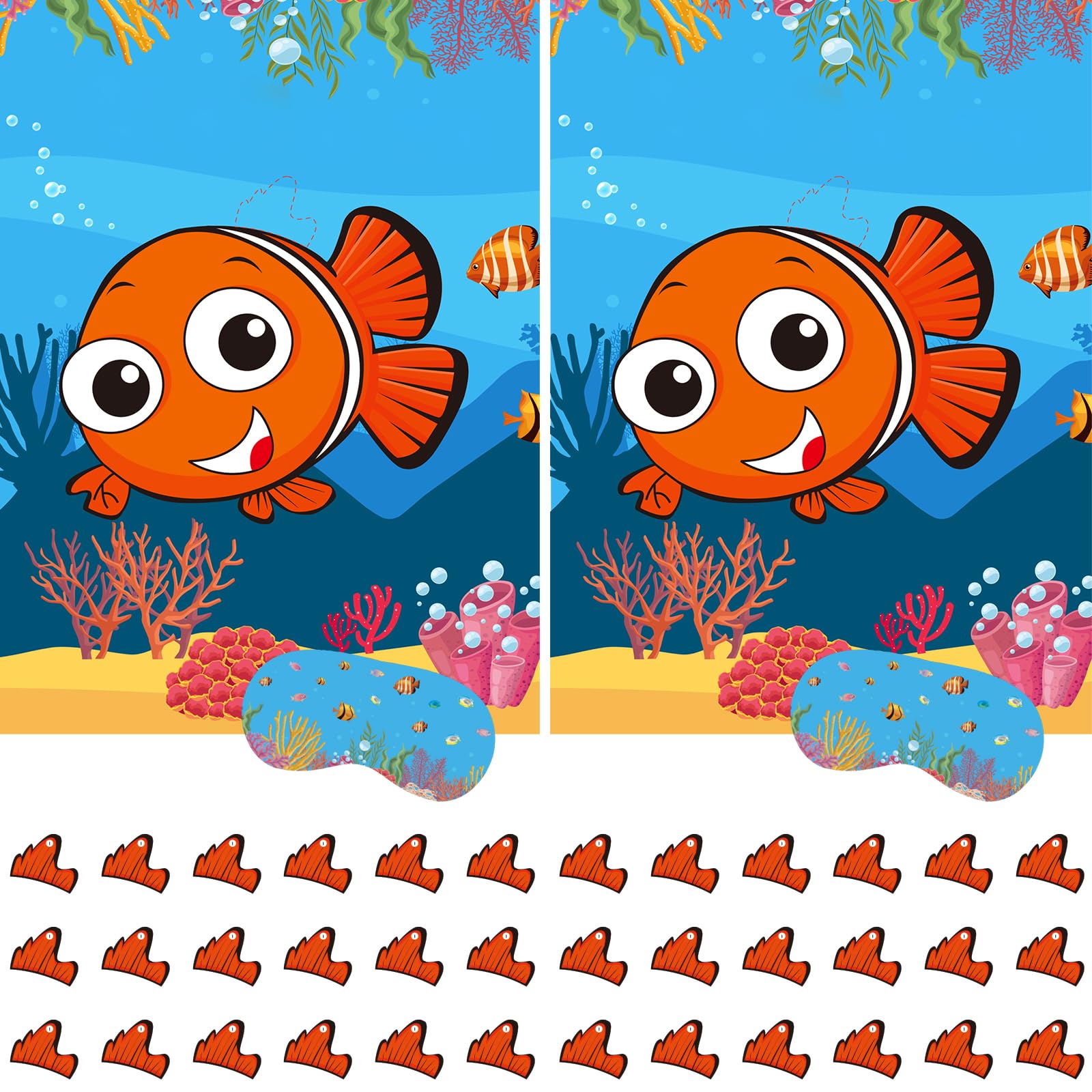 ASTARON 2 Sets Pin The Fin on The Clownfish Game Ocean themed Birthday Party Supplies Decorations for Kids 2 Large Posters 21"x 28" with 48pcs Stickers Under The Sea Birthday Party Wall Home Decor