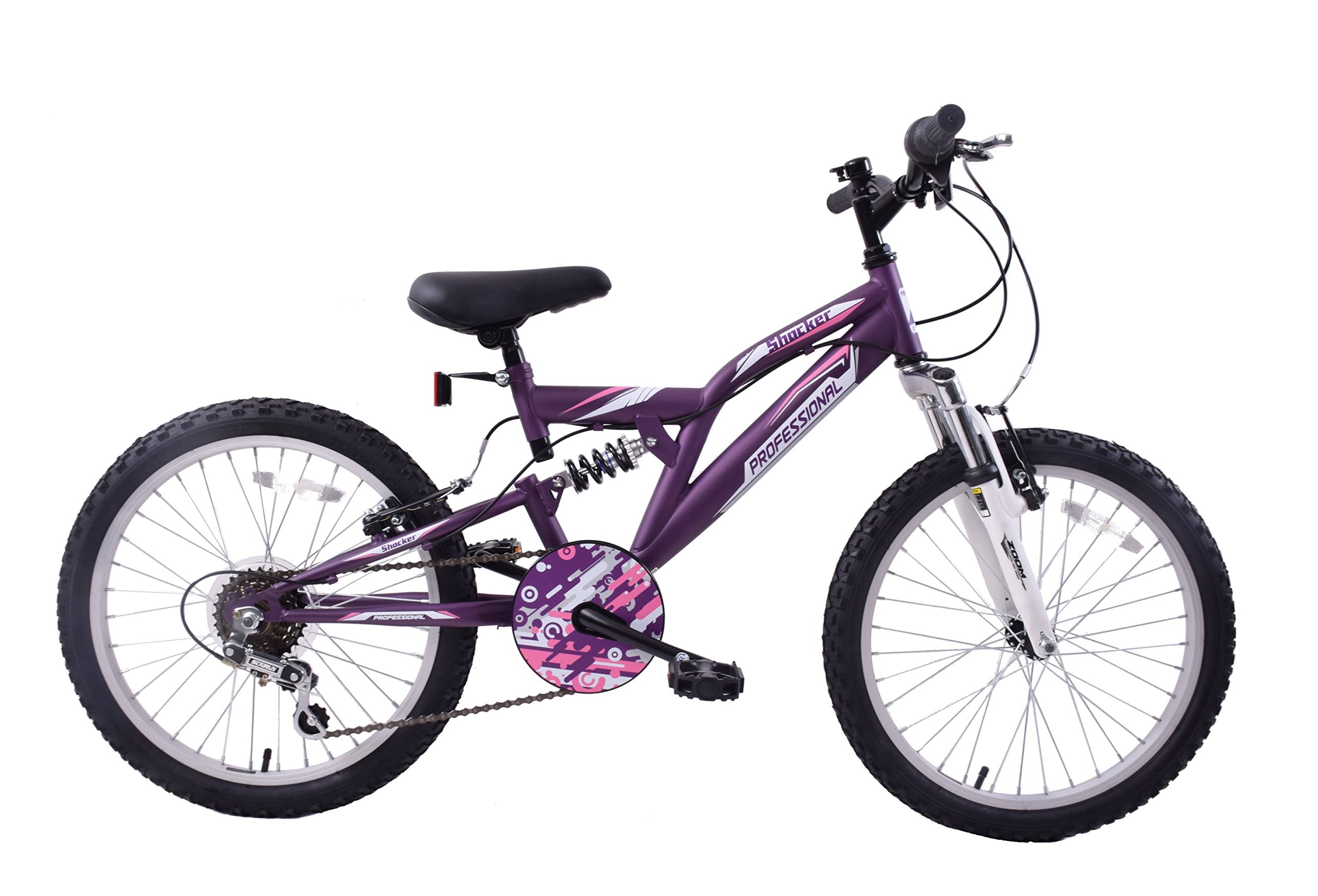 Professional Shocker 20" Wheel Dual Suspension Girls Kids Mountain Bike 6 Speed Purple/Pink Age 7+