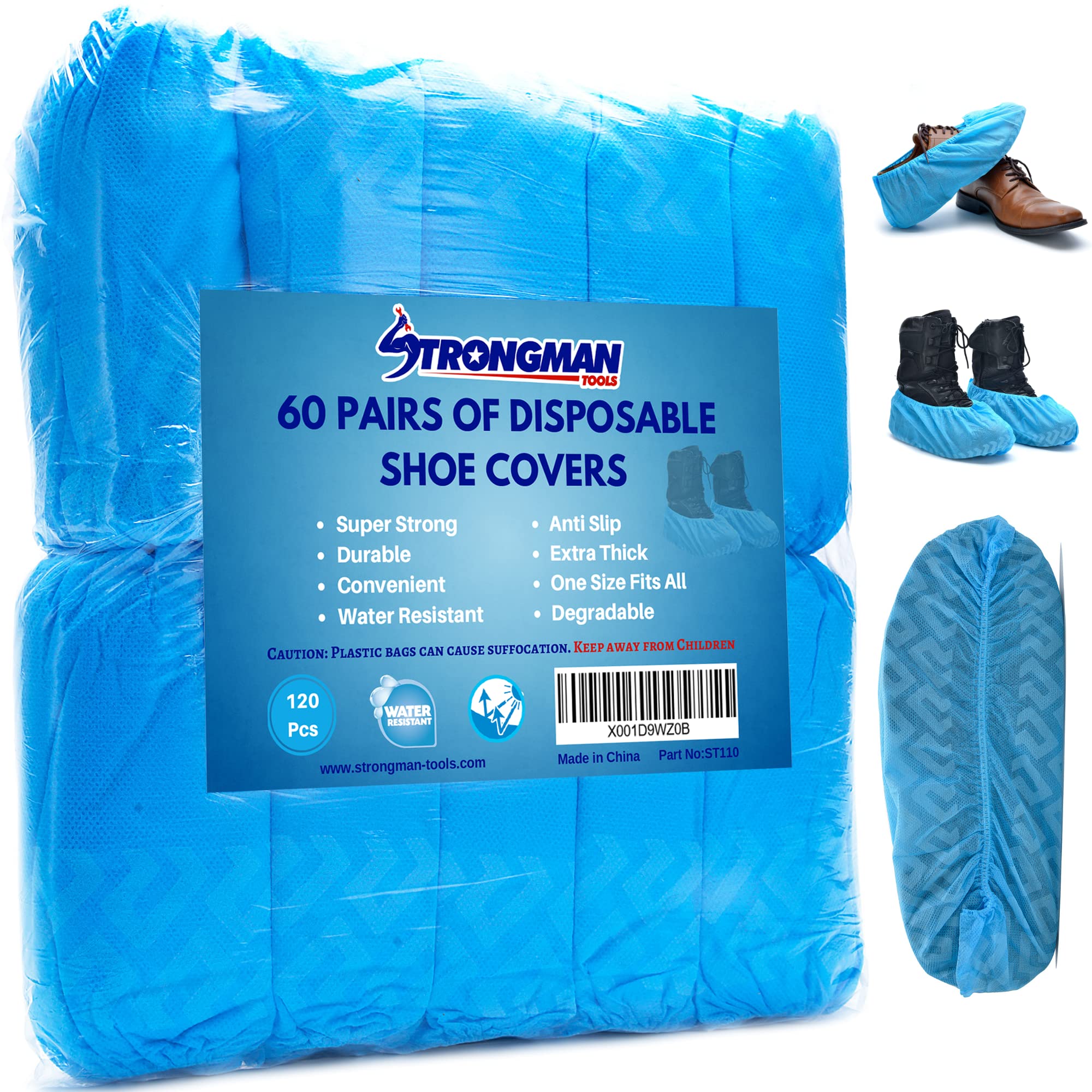 Strongman ToolsStrongman Tools Shoe Covers 120-Pack (60 Pairs) Shoe Protector for Men & Women, Disposable Shoe Covers Non Slip & Reusable, Water-Resistant Booties for Shoes, Durable for Indoor & Outdoor Use