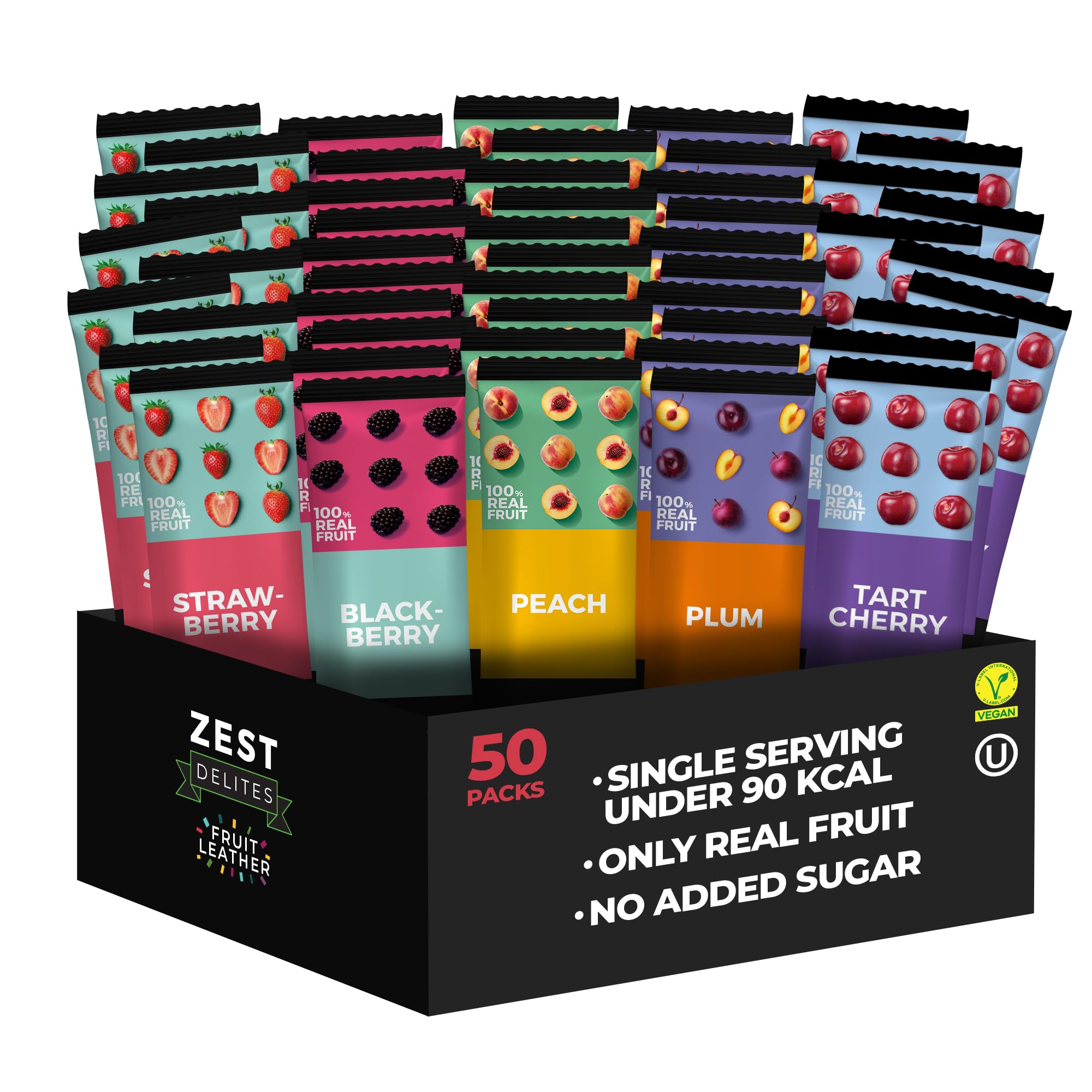 Fruit Snacks by Zest Delites, Dried Fruit, Fruit Leather, Fruit Bars, Healthy Snacks for Adults, Vegan Snacks, Healthy Sweets, Blackberry, Strawberry, Peach, Tart Cherry, Plum, 25g x 50