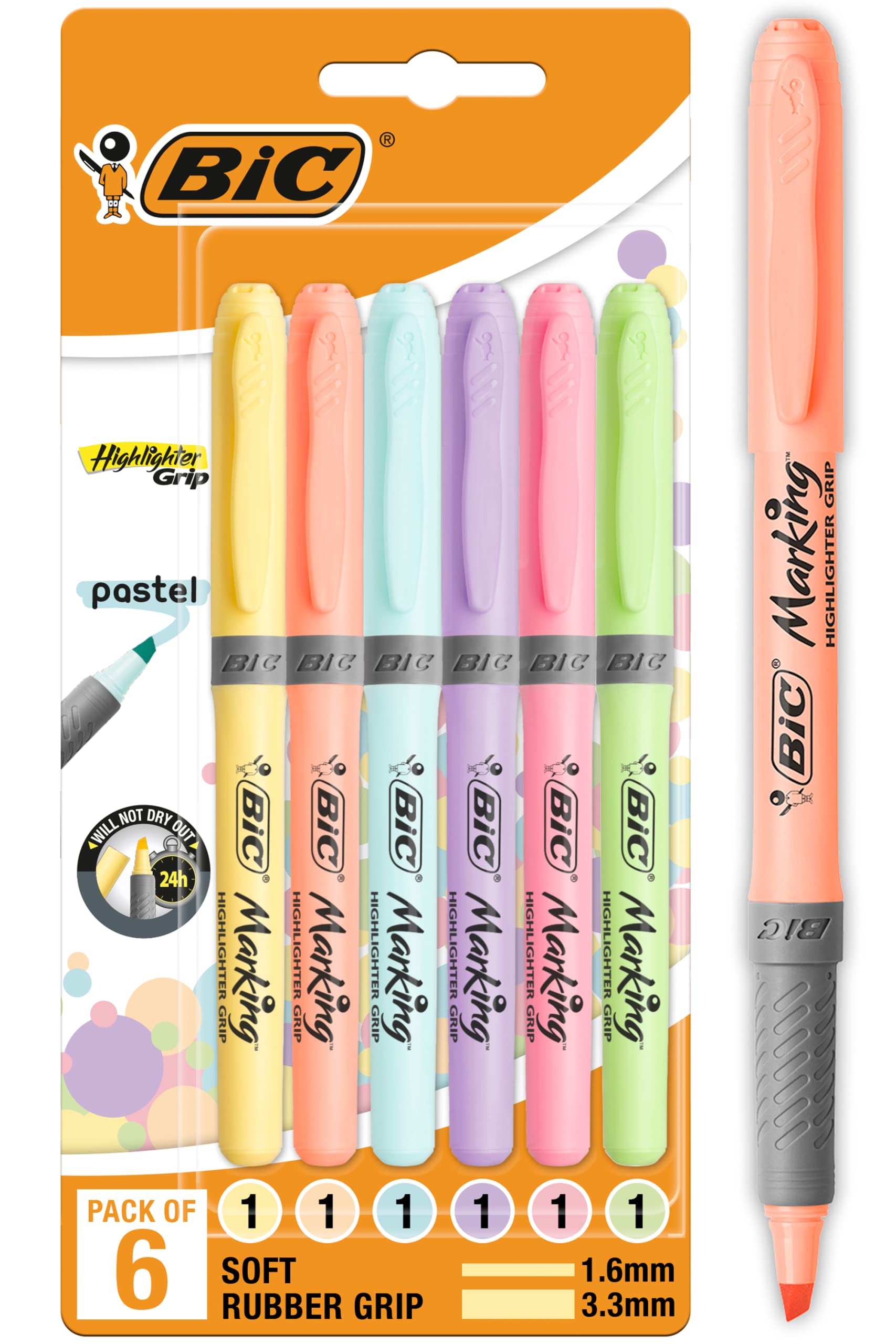 BIC Highlighter Grip Pastel, Highlighter Pens with Adjustable Chisel Tip, Rubber Grip for Extra Comfort, Assorted Colours, Pack of 6