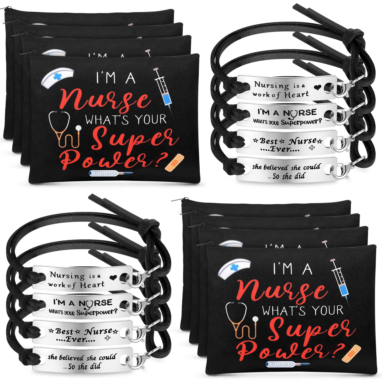 Henoyso 16 Pcs Nurse Appreciation Gifts Set Including 8 Nurse Makeup Cosmetic Bag with 8 Nurse Bracelets, Nurse Gifts for Women Nurse Christmas Gifts Nurse Day Gifts Nursing Week Gift (Fresh Style)