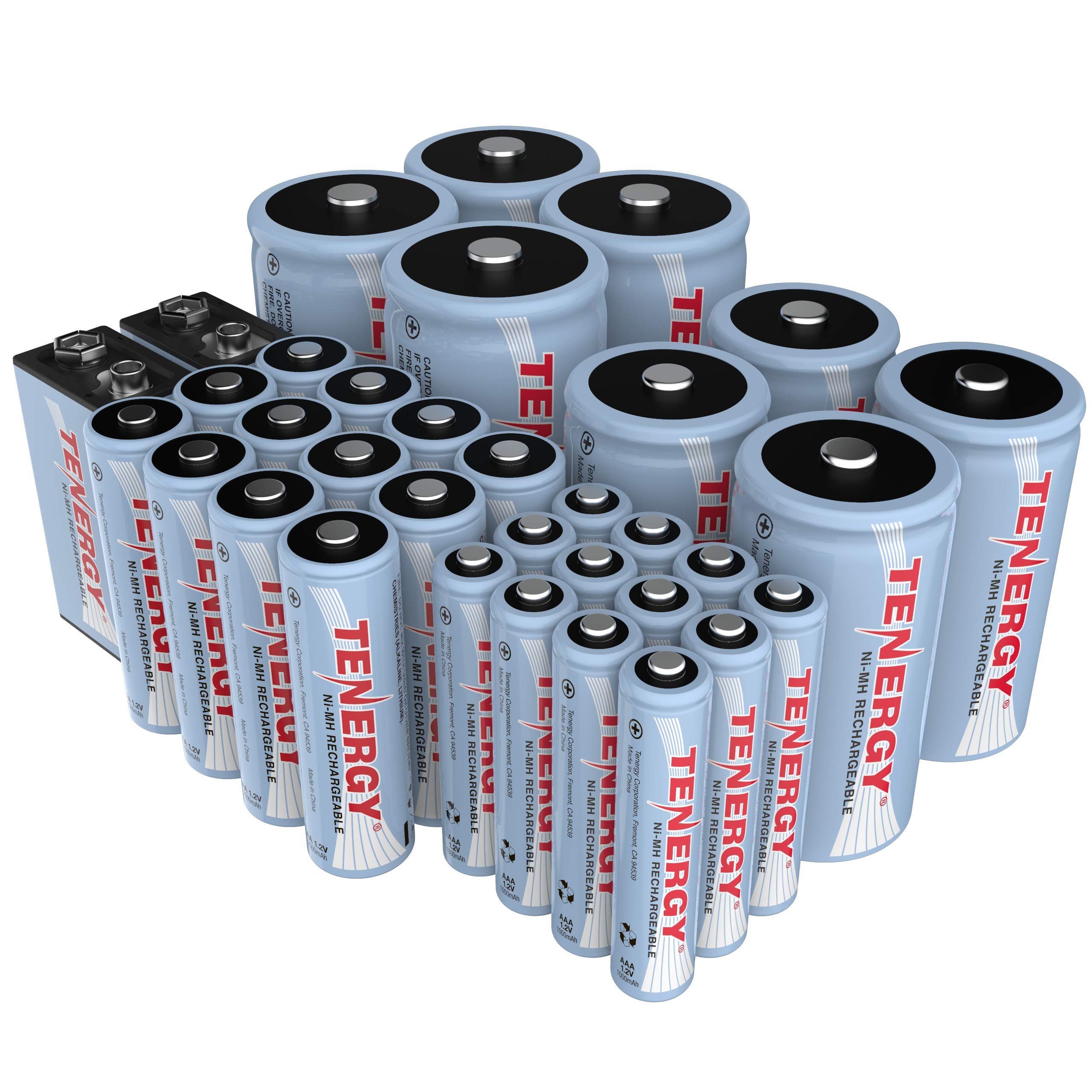 TenergyNiMH Rechargeable Battery 34 Pack Variety, 12AA, 12AAA, 4C, 4D, and 2x9V Rechargeable Batteries for Everyday Household Electronics