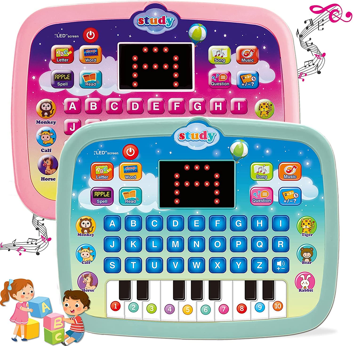 YLMKDE Kids Early Development Interactive Electronic Tablet with Teach Alphabet Numbers Word Music Math 3 Years+, Montessori Toys for Babies 6 12 18 Months+ Assorted Colors