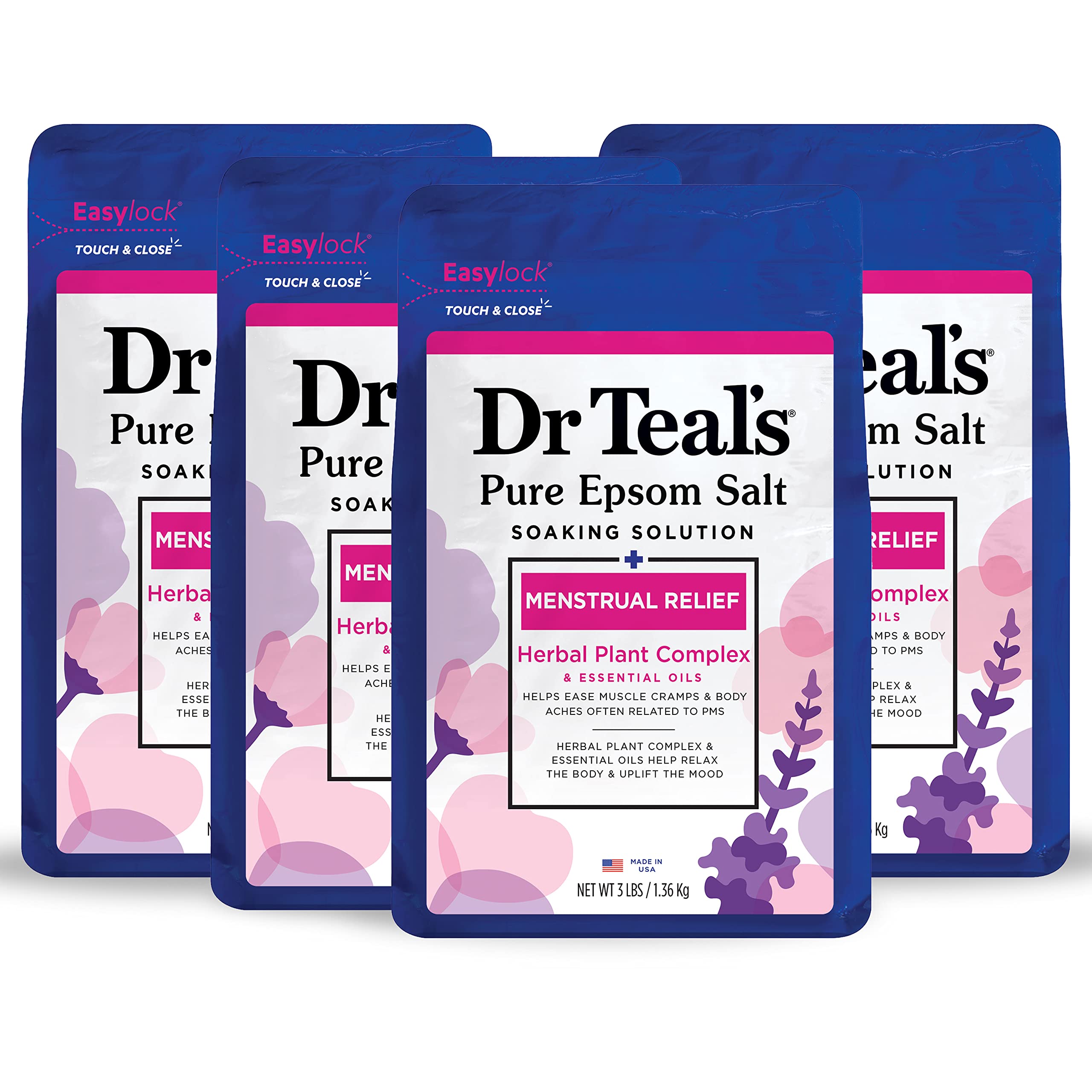 Dr Teal's Pure Epsom Magnesium Salt Soaking Solution, Menstrual Relief with Herbal Plant Complex & Essential Oils 3 lbs (Pack of 4)