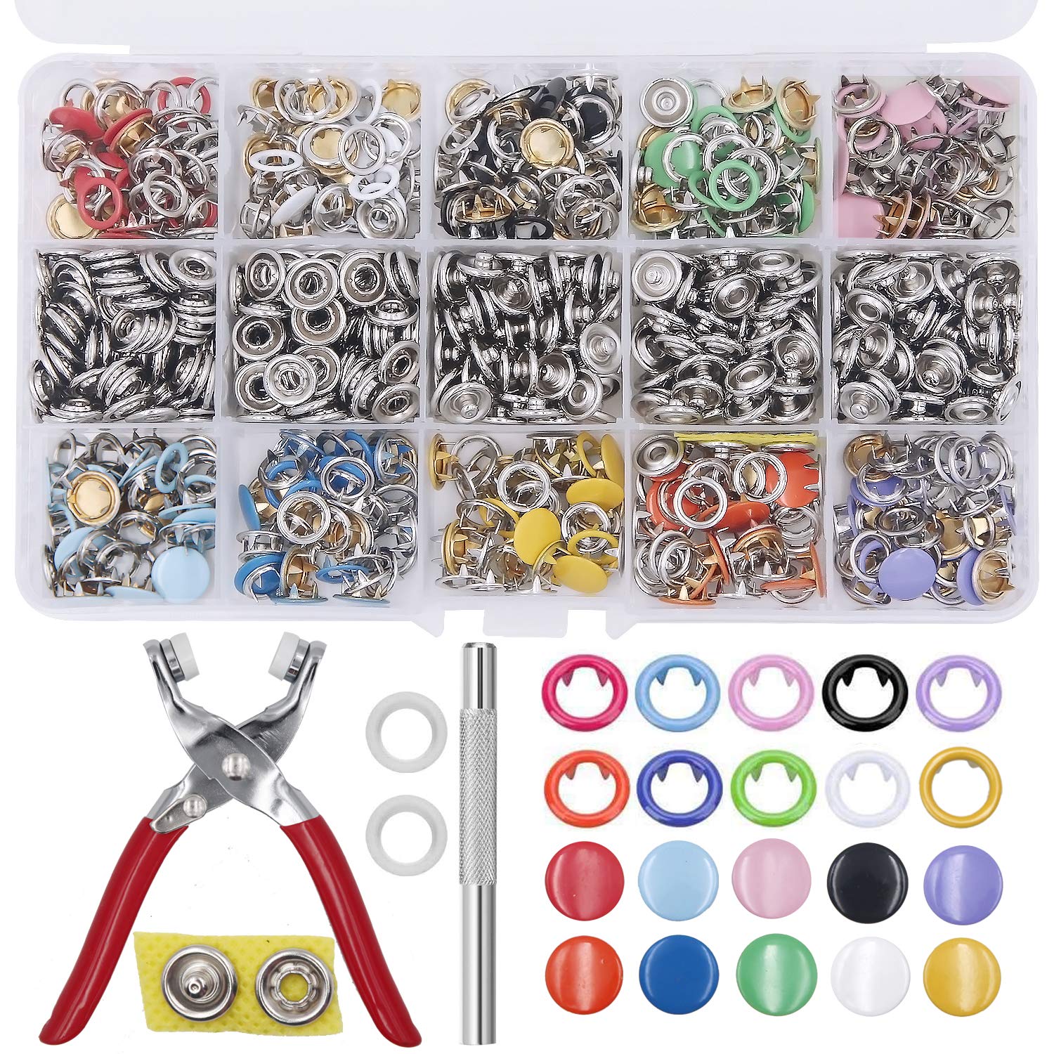 EuTengHao 804Pcs Snap Fasteners Tool Kit Hollow and Solid Metal Prong Snaps Buttons with Setting Tool for Clothing Crafting Sewing,Leather Snaps Buttons for Jeans Wears Bags(200 Sets,10 Colors,9,5mm)