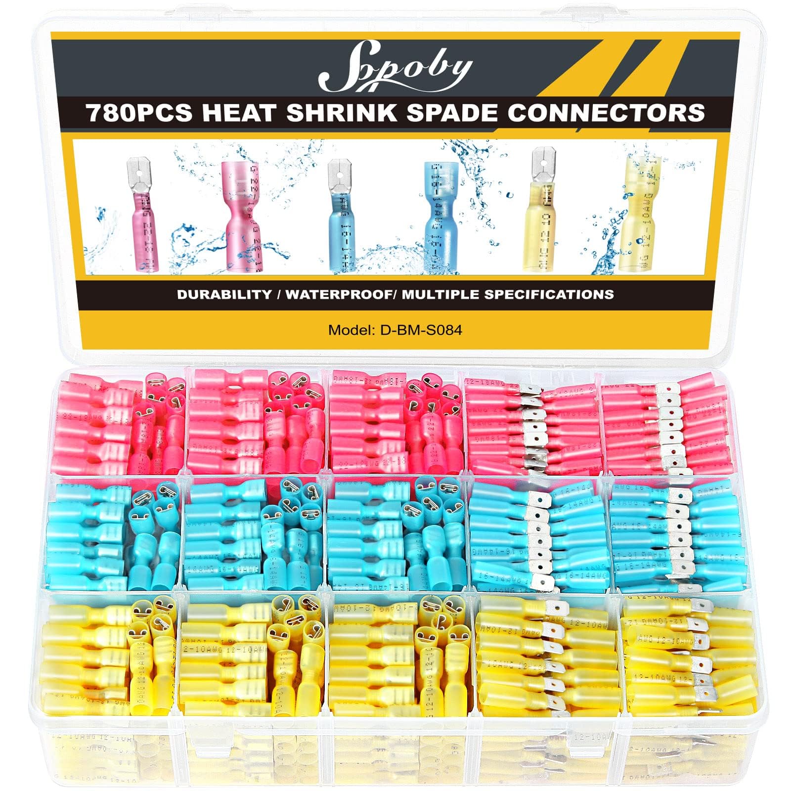 Sopoby780PCS Heat Shrink Spade Connector Kit - Male and Female Spade Wire Connectors Kit - Quick Disconnect Electrical Terminal Connectors for Watercraft,Electronics,Automotive Crimp Connectors