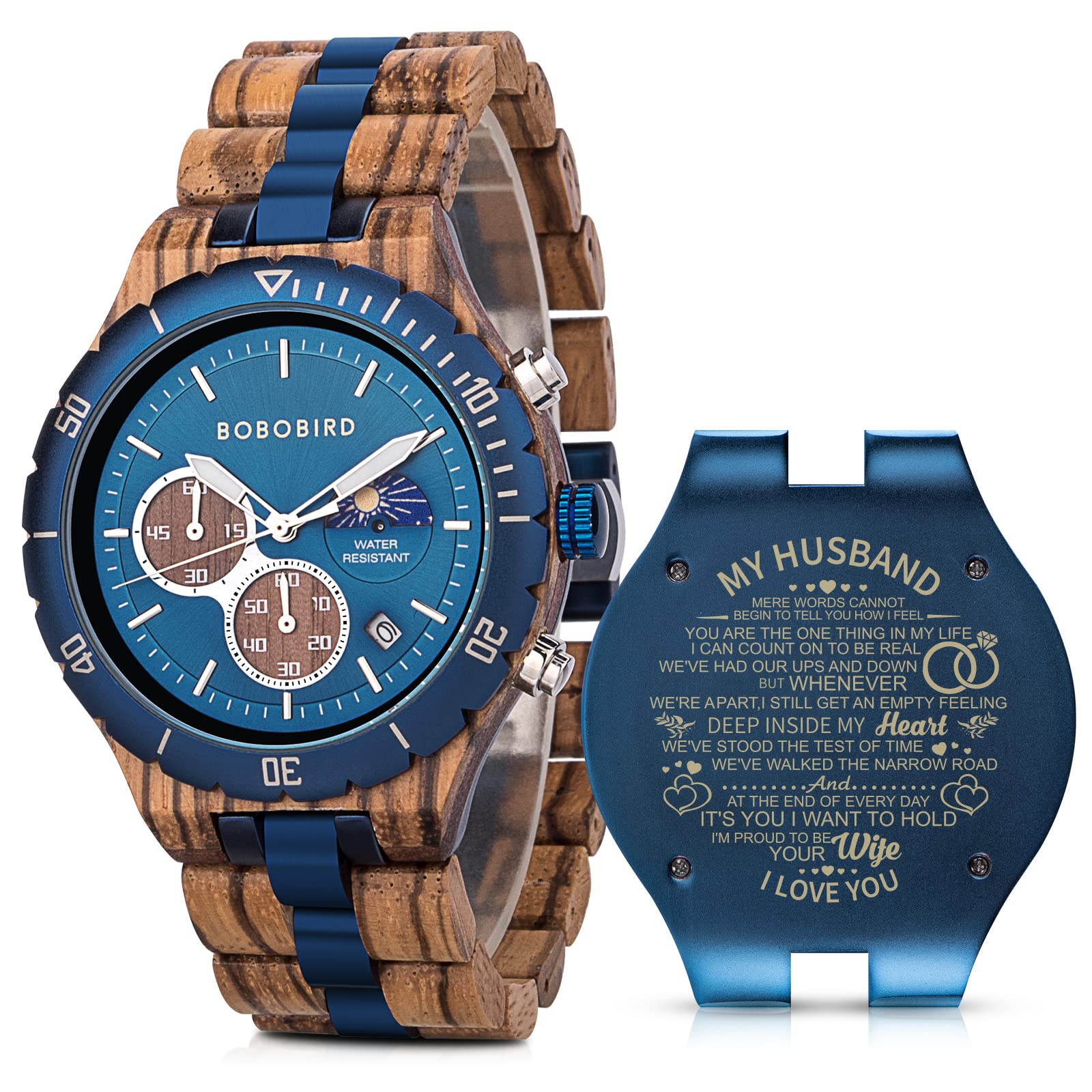 2winMens Personalized Engraved Wooden Watches Fashion Multifunction Custom Watch Birthday Anniversary Wood Watches for Husband Boyfriend Dad Him Son with Gift Box