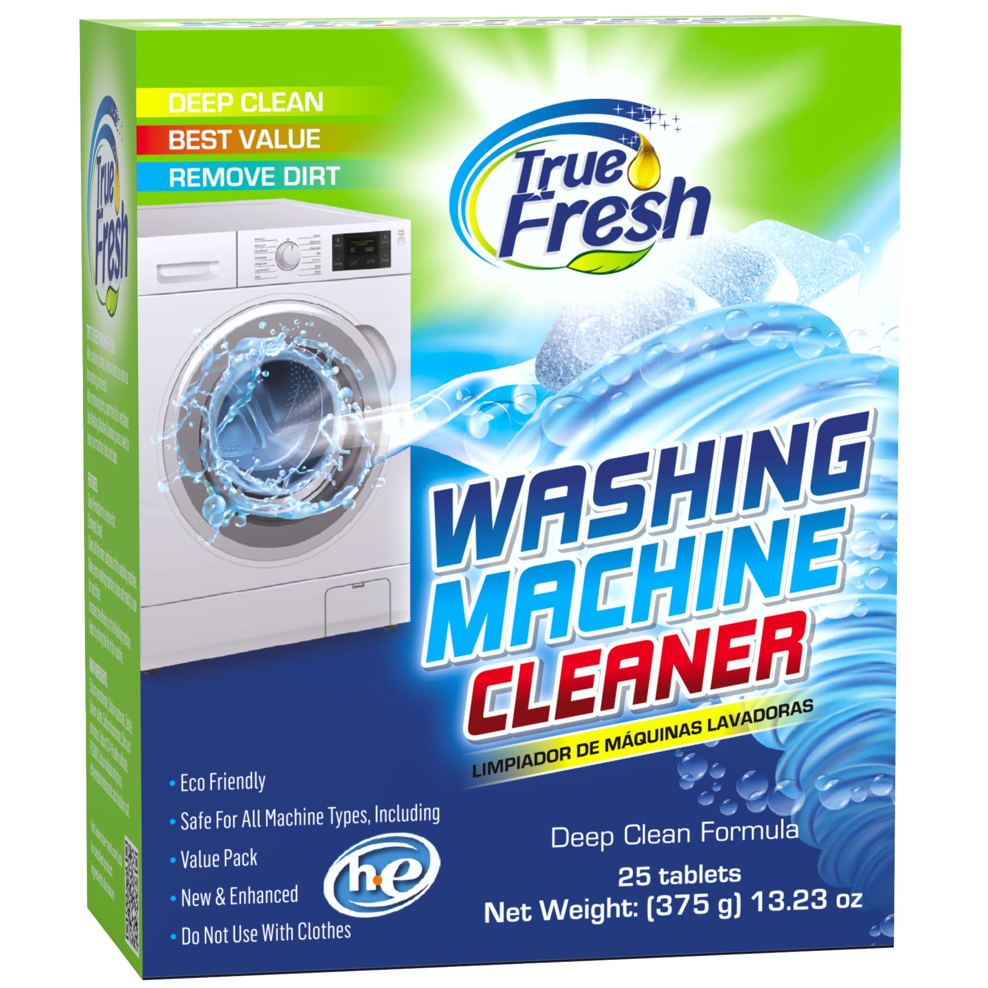 True Fresh Washing Machine Cleaner Tablets 25-Pack - Deep Cleaning Washer Cleaner Tablets for Top Loader, Front Load & HE - Cleans, Drum, Filters Tub seal & Vital Parts - Descaler & septic safe