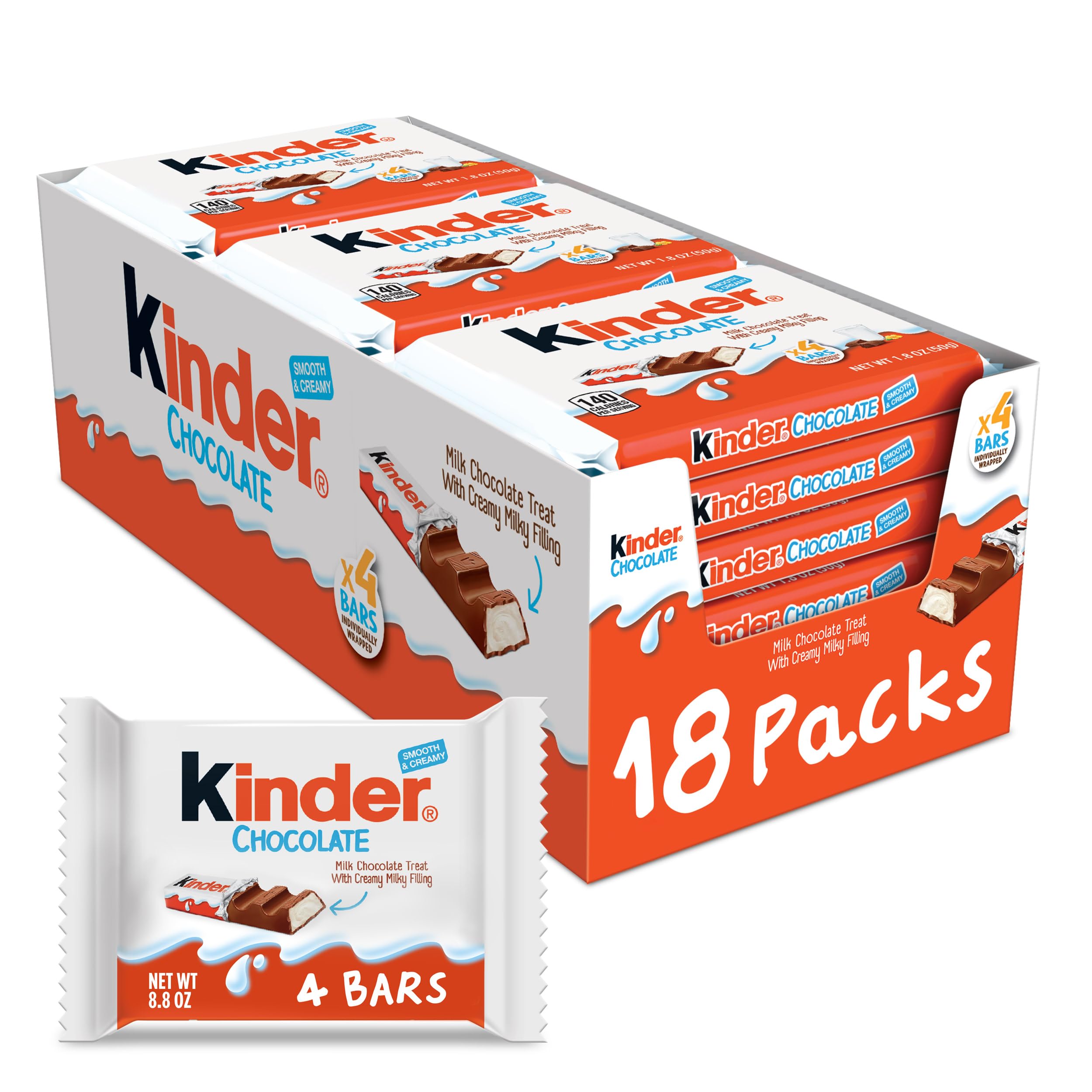 KinderChocolate, 18 Four Count Packs, Milk Chocolate Bar with Creamy Milky Filling, Individually Wrapped Candy, Stocking Stuffers for Kids, 1.8 oz Each