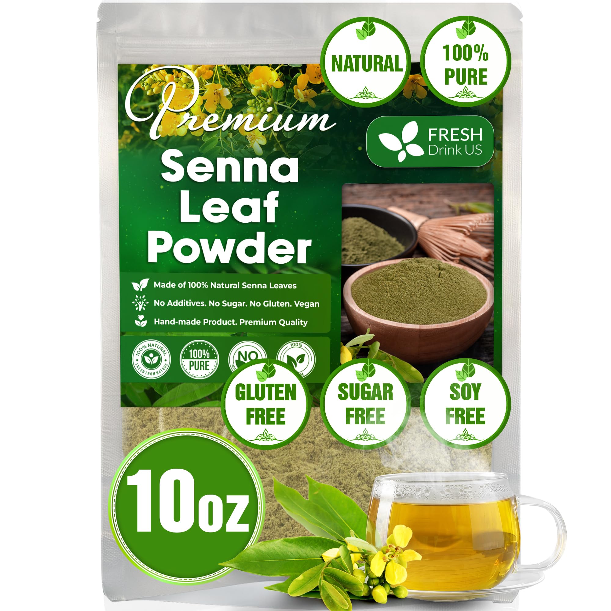 FRESHDRINKUS, Premium 10oz Senna Leaf Powder, 100% Natural and Pure from Senna Leaves, No Additives, No Gluten, No Sugar, Vegan (10oz Senna Powder)