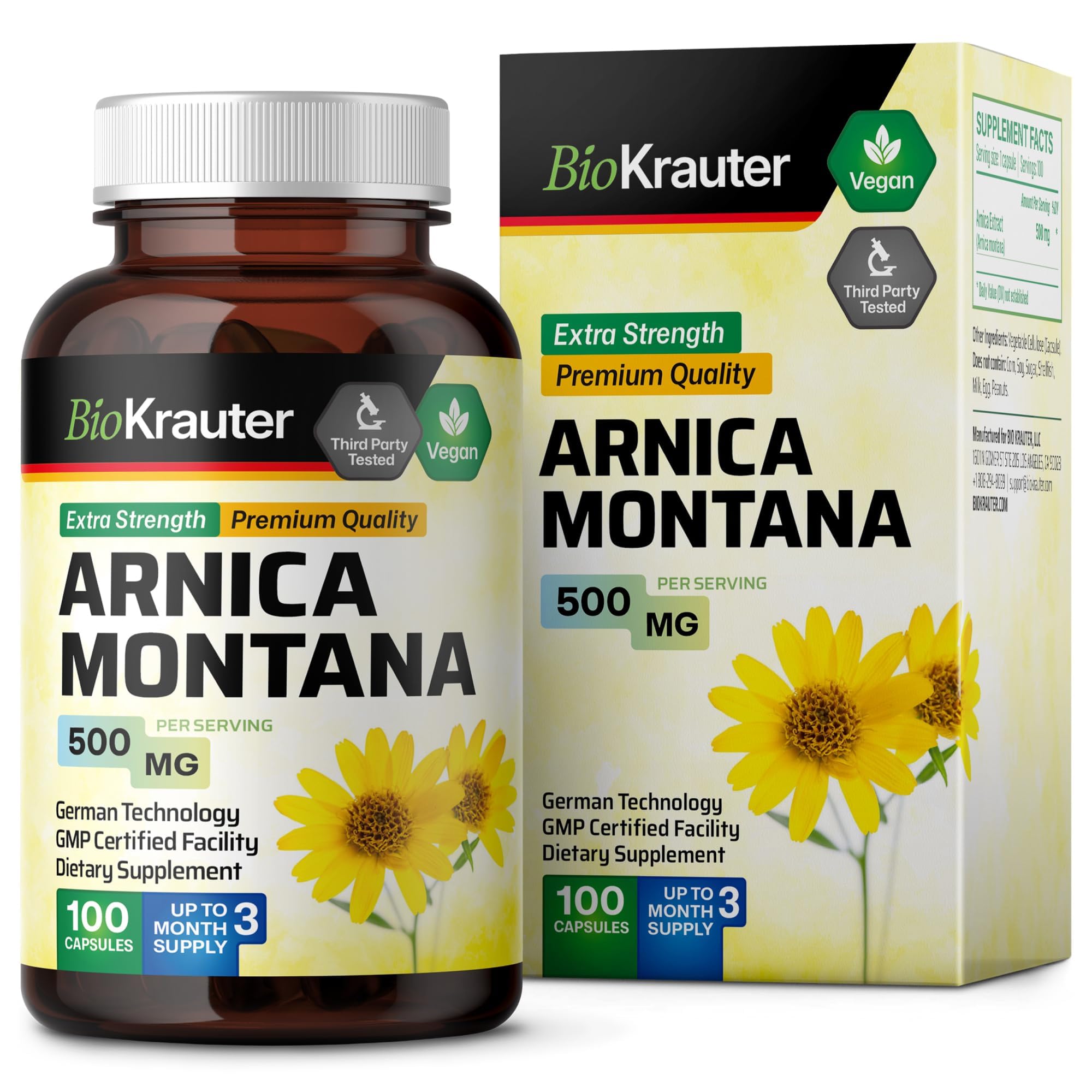 BIO KRAUTER Arnica Montana Capsules - Arnica Capsules for Bruising and Swelling - 500 mg Arnica Capsules - 100 Vegan Caps