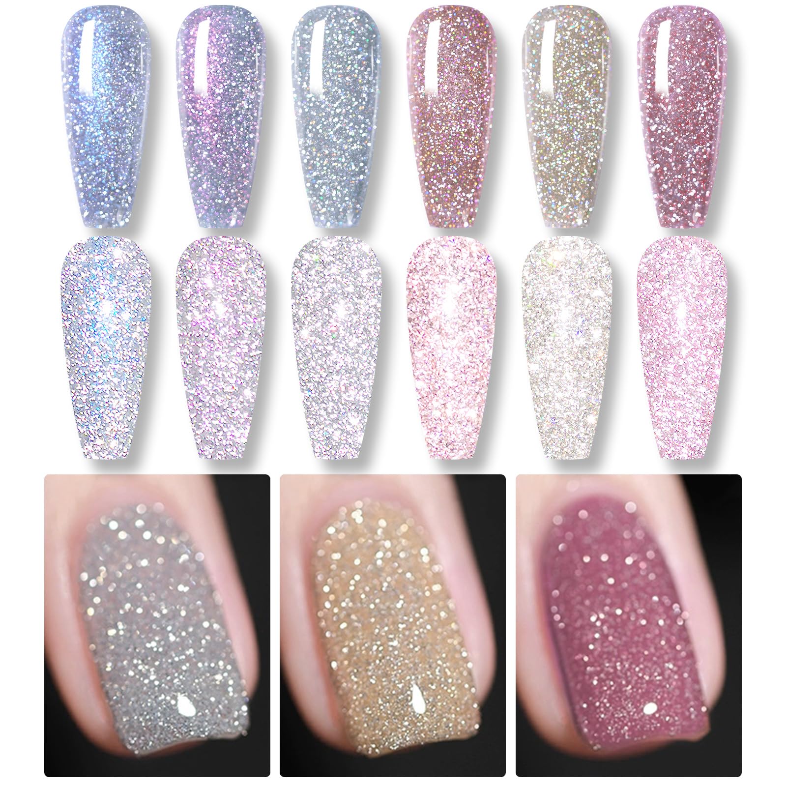 Born Pretty Reflective Glitter Gel Polish Christmas Gold Silver Glitter Sparkly Shiny Disco DJ LED Gel Nail Polish Nail Varnish 6PCS 7ML