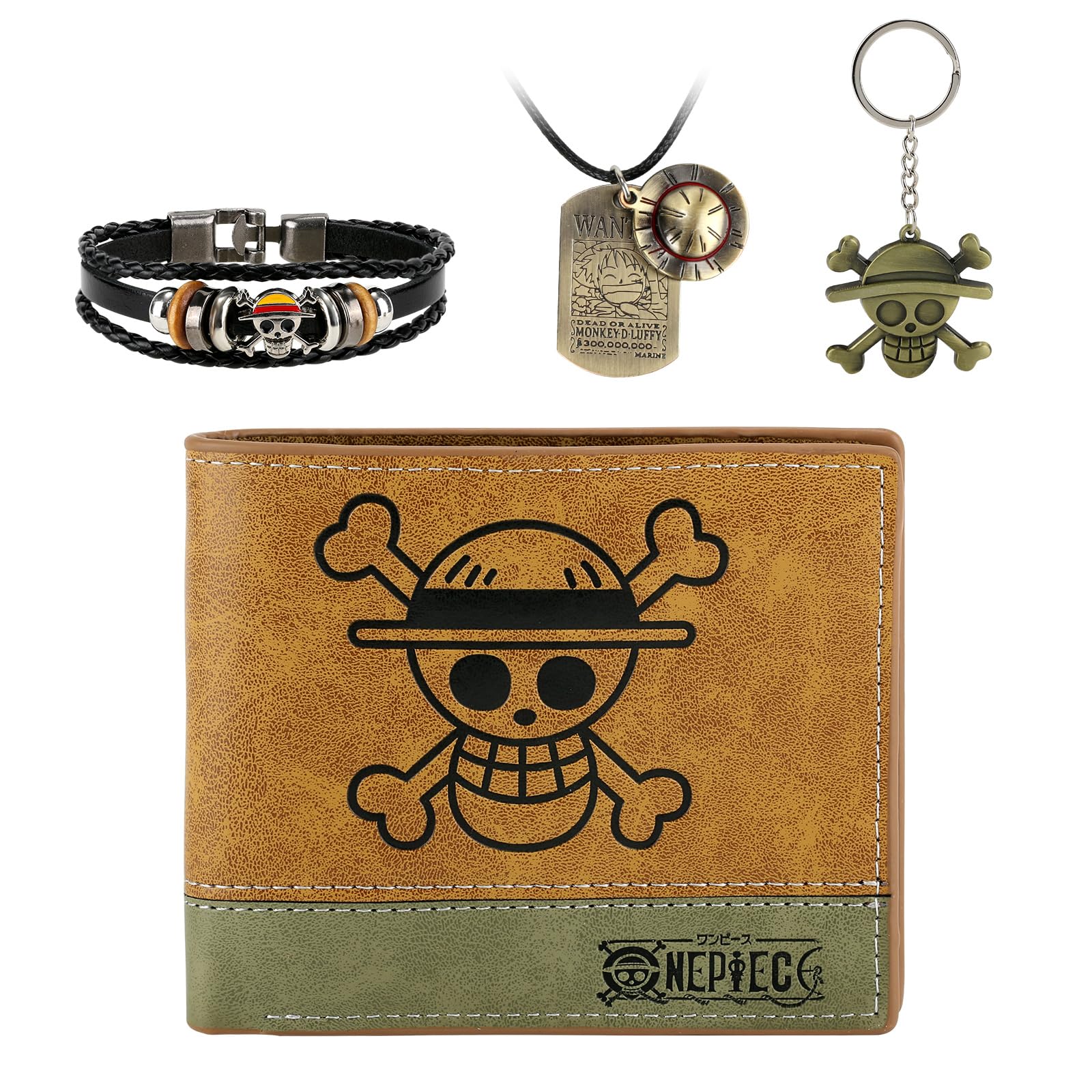 4 PCS OnePiece Luffy Bifold Wallet Anime Set (Straw Hat Pirates Jolly Roger Mens Wallet + Luffy Skull Pendant Necklace + Luffy Keychain + OnePiece Bracelet) Good Gift for Anime Fans