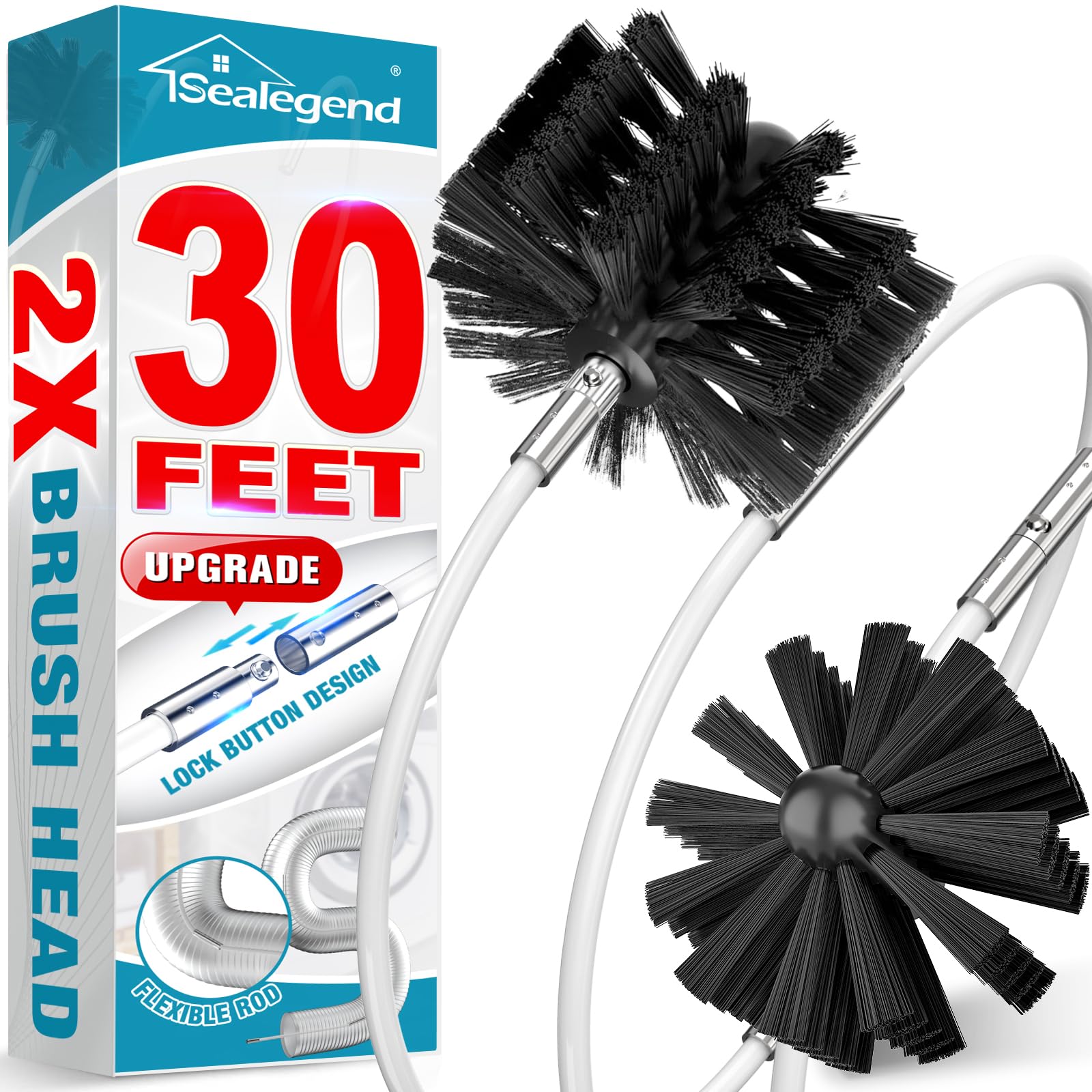 Sealegend 30 FEET Dryer Vent Cleaner Kit Double Synthetic Brush Head Upgraded Flexible Quick Snap Brush with Drill Attachment Extend Up to 30 FEET for Easy Cleaning Use with or Without a Power Drill