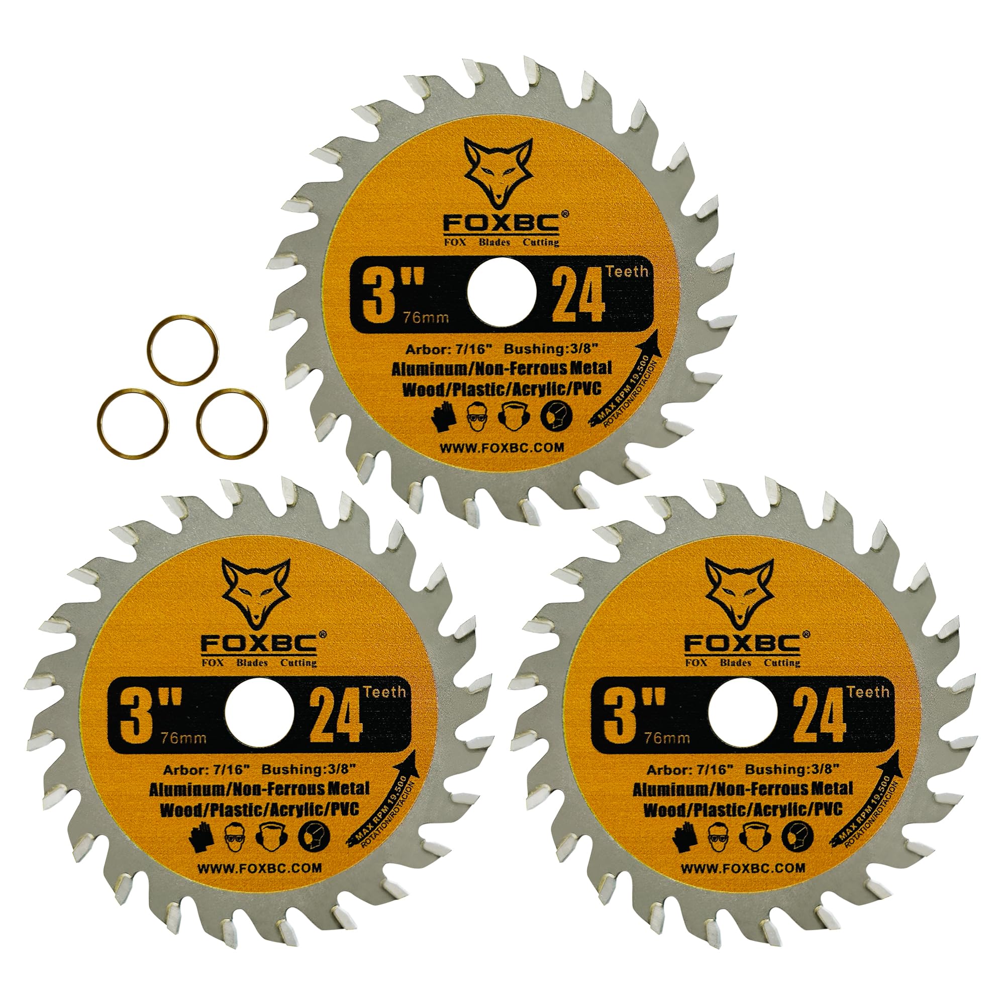 FOXBC 3 Inch Circular Saw Blade 24 Tooth for Wood, Plastic, PCV, Acrylic, Aluminum with 7/16" Arbor, 3/8" Bushing - 3 Pack