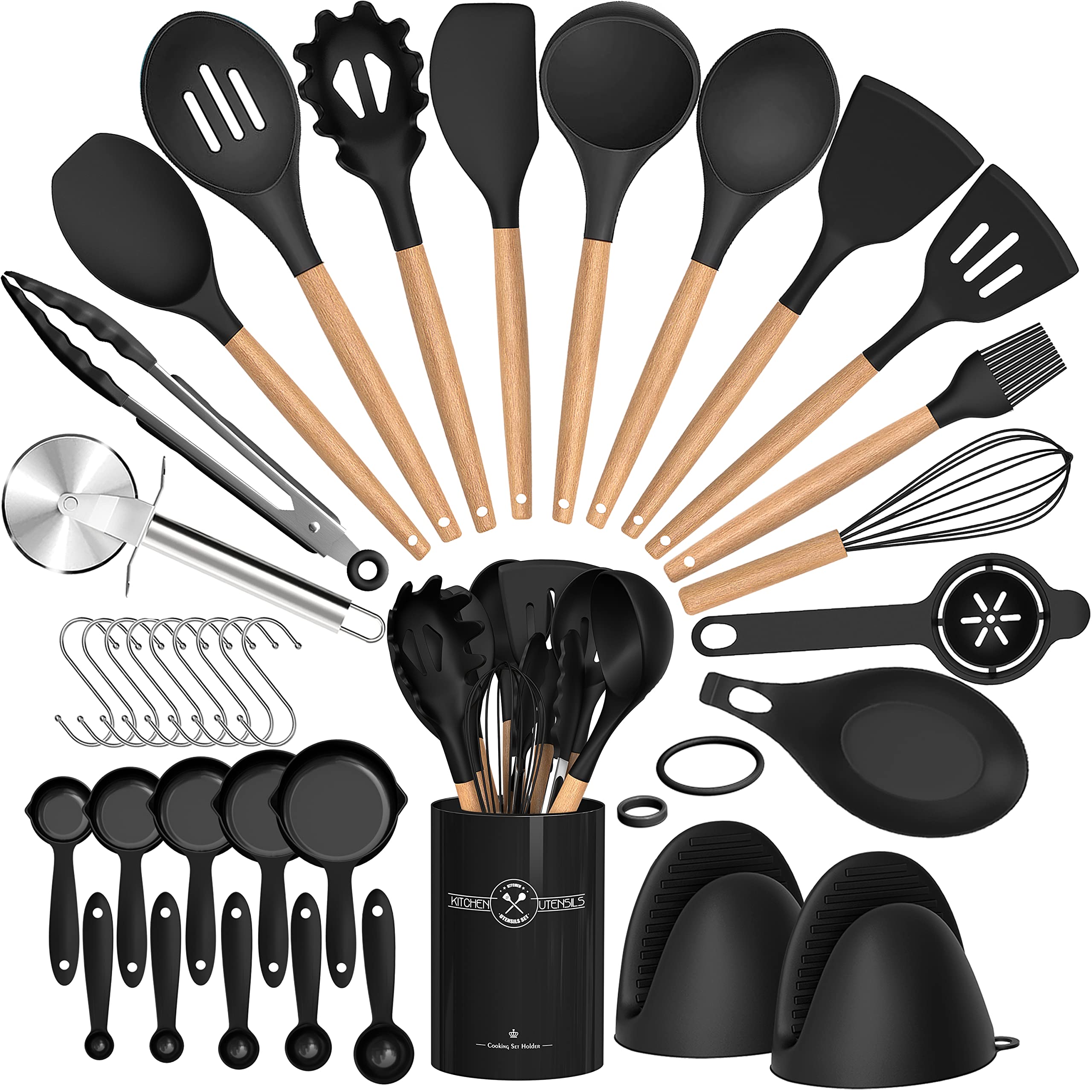 Umite Chef36pcs Silicone Kitchen Cooking Utensils with Holder, Heat Resistant Cooking Utensils Sets Wooden Handle, Nonstick Kitchen Gadgets Tools Include Spatula Spoons Turner Pizza Cutter(Black)