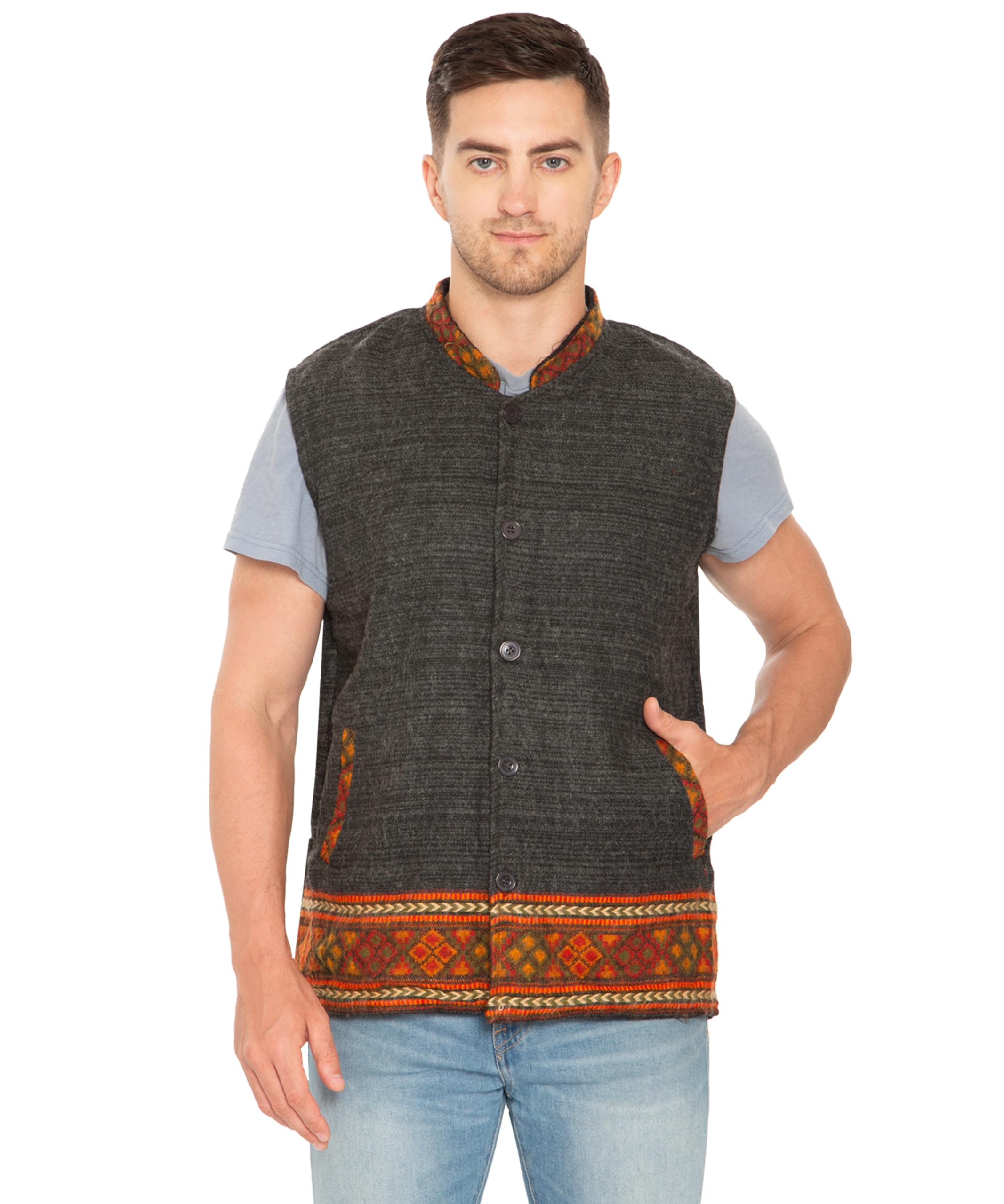 MatelcoMen Wool Sleevless Buttoned Jacket With Kullu border