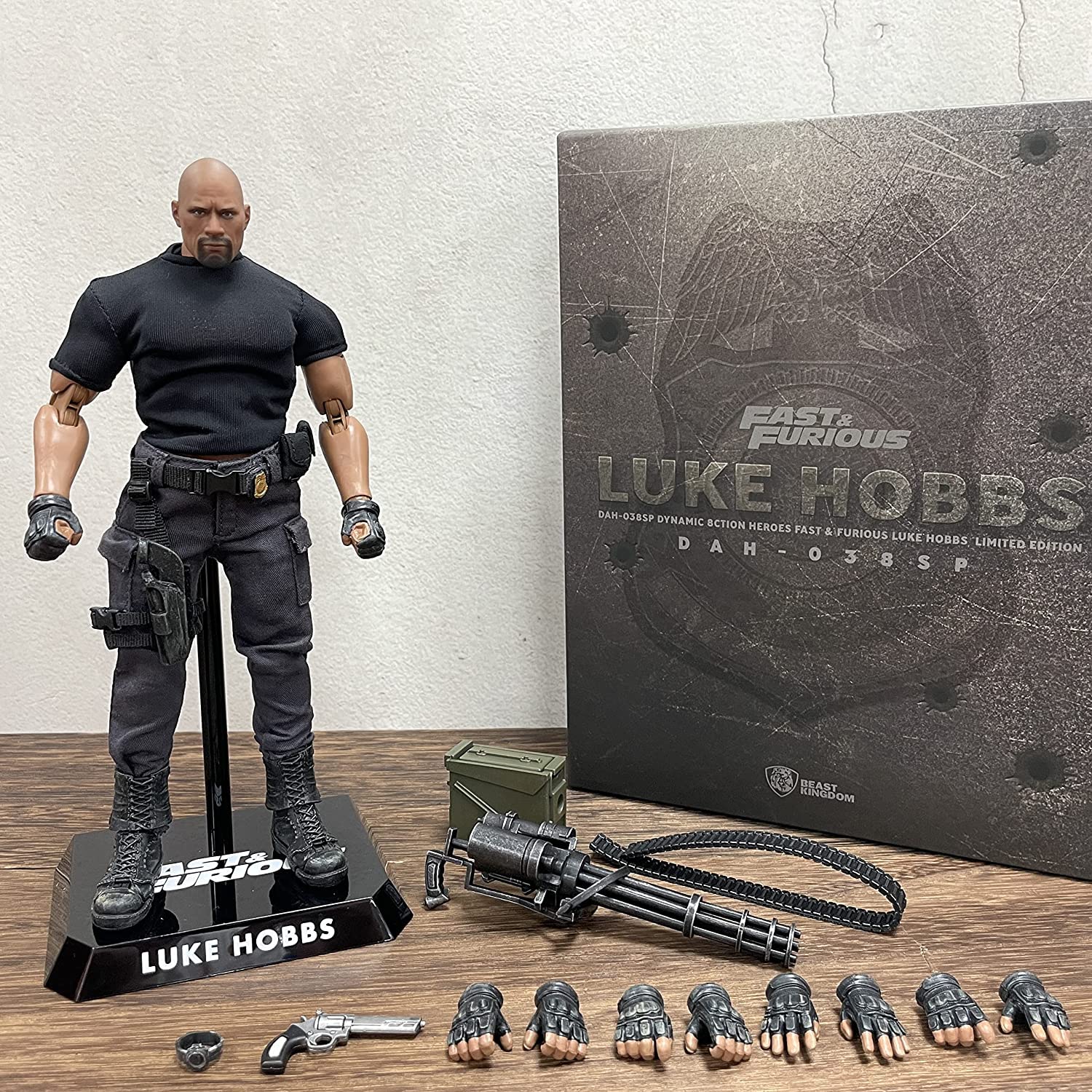 The Rock Action Figure As Luke Hobbs Limited Edition Fast and Furious - Model DAH-03 Fabric Clothing - Heavy Machine Gun, Ammo Box, Pistol, 4 Hands - Merchandise by Beast Kingdom