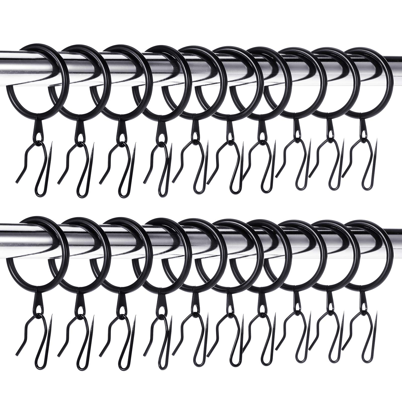 60 Pieces Metal Drapery Curtain Rings Curtain Hanging Rings and 60 Pieces Metal Curtain Drapery Pin Hooks for Window Door Shower Curtain, 30 mm Internal Diameter (Black)