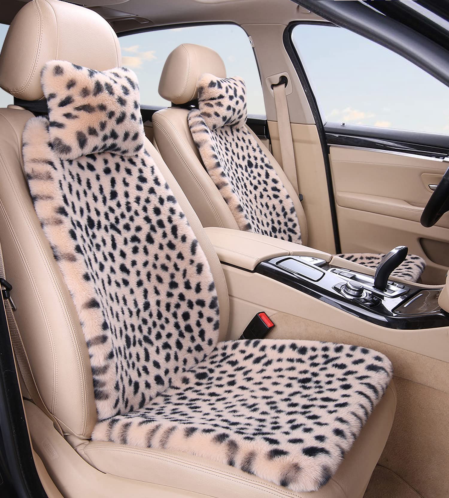 seemehappy Fluffy Leopard Seat Covers for Cars Front Seat Covers Carseat Front Two Seat Protectors with 2 Neck Pillows for Truck SUV Auto-Beige Leopard Front-6 PCS