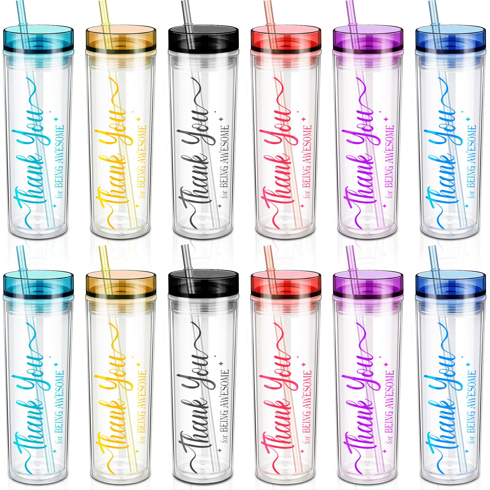 Mumufy12 Pcs Employee Appreciation Gifts 16 oz Thank You Tumblers Bulk Double Skinny Acrylic Tumblers with Straw and Lid Colored Plastic Cups Team Gifts for Coworker(Awesome)