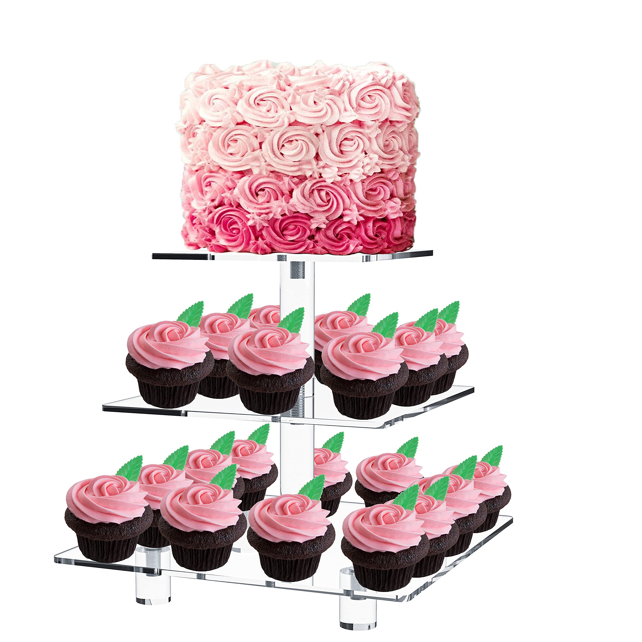 Jusalpha 3 Tier Strong Acrylic Square Cupcake Stand, Dessert Display Tower (Clear, 1)