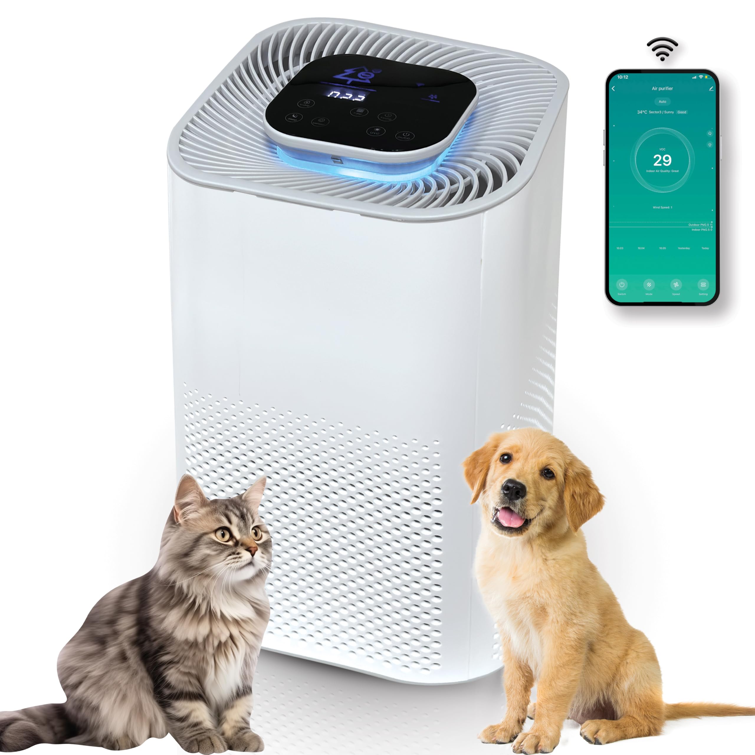 Jinou Air Purifiers Made with Premium Quality HEPA Air Filter H13 - Real Time Air Quality Sensor Purifier - Removes 99.97% Pollen Allergies Dust Odors -Wifi Controlled with Apple & Android Application