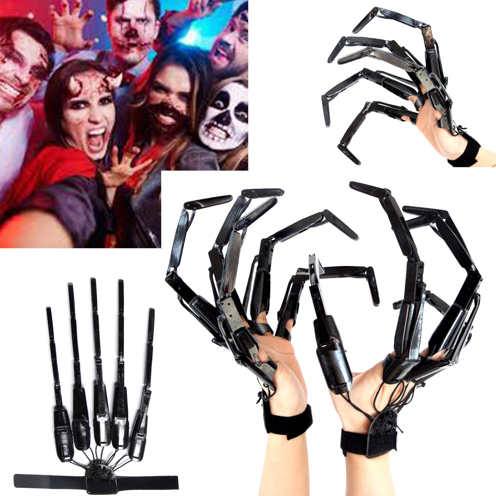 HeyseriArticulated Fingers, Halloween Articulated Finger Extensions with Gloves, 3D Claw Hands Scary Skeleton Hands for Cosplay, Flexible Realistic Halloween Decoration Accessory Fits Most Finger Sizes-Black