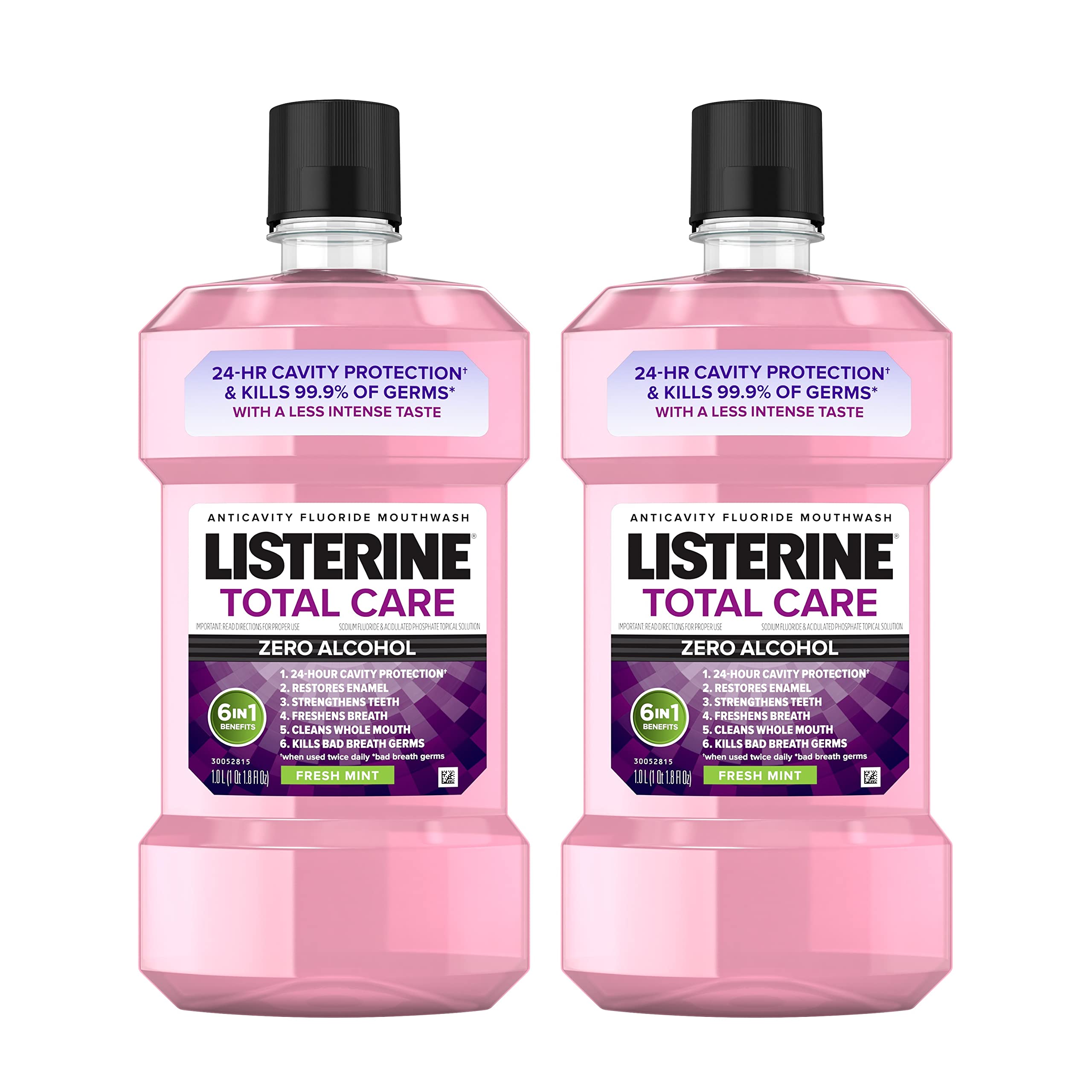 Listerine Total Care Alcohol-Free Anticavity Mouthwash, 6 Benefit Fluoride Mouthwash for Bad Breath and Enamel Strength, Fresh Mint Flavor, 1 L (Pack of 2)