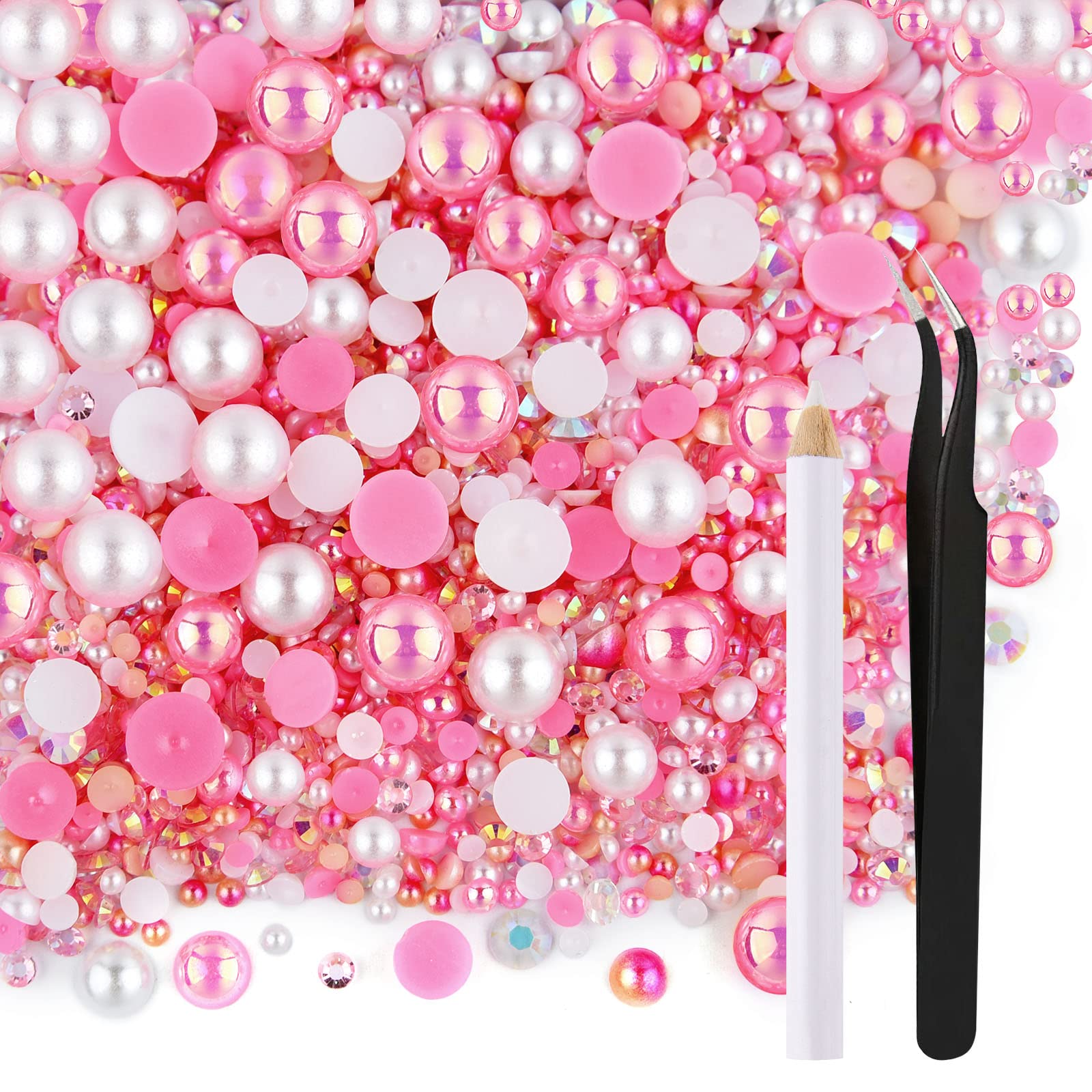 ASTARON 50g Mix Flatback Rhinestones Half Pearls for Crafts Mixed Size 3mm-10mm Flat Back Rhinestones for Crafts Flatback Pearls for DIY Tumblers Mugs Nail Art Shoes Clothes (Pink Series)