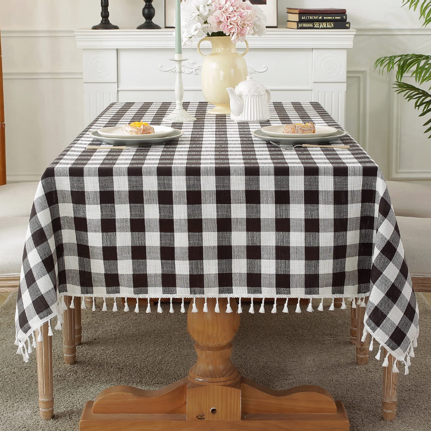 Laolitou 120'' Beige Checkered Tablecloth Bundle with 120'' Black Gingham Tablecloth