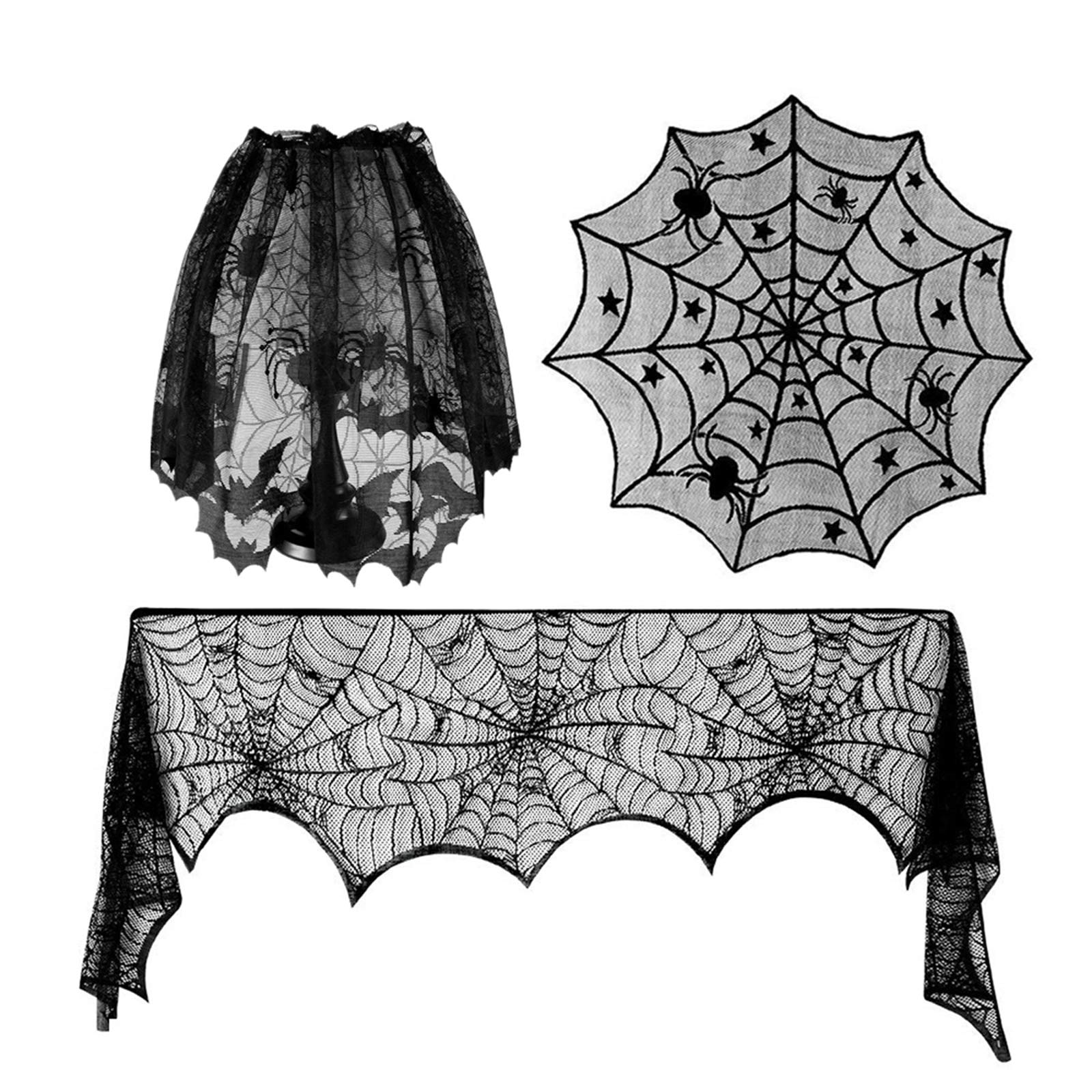 Burlife 3 Pack Halloween Decoration, Black Round Tablecloth Spiderweb Lace Lamp Shade Cover Fireplace Scarf Spooky Halloween Festival Christmas Party Props Door Window Home Decorations