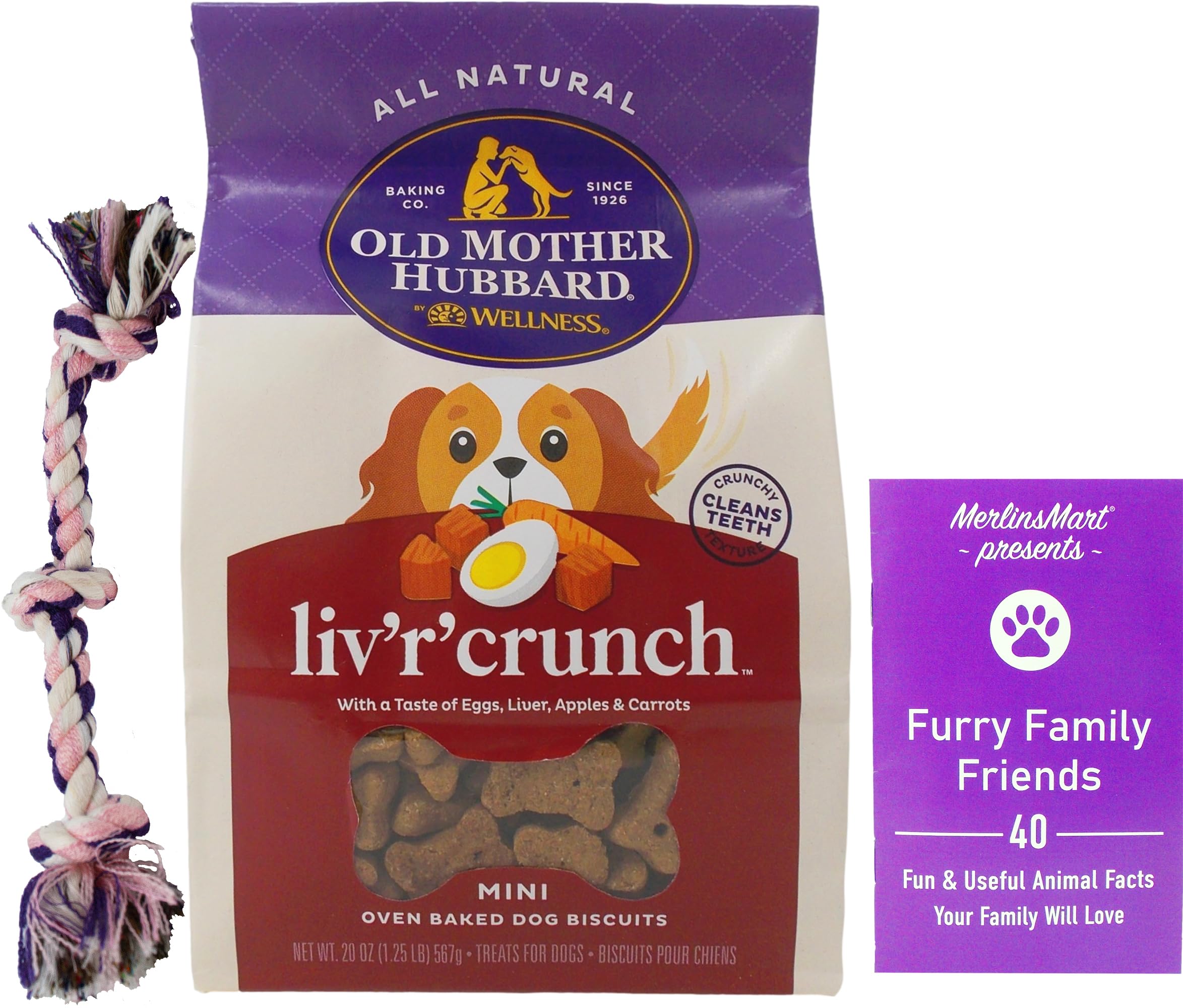 Old Mother Hubbard Classic Liv'R'Crunch Dog Treats - Mini Sized Snacks (20 Ounces) - Plus Rope Toy and Fun Animal Facts Booklet Bundle