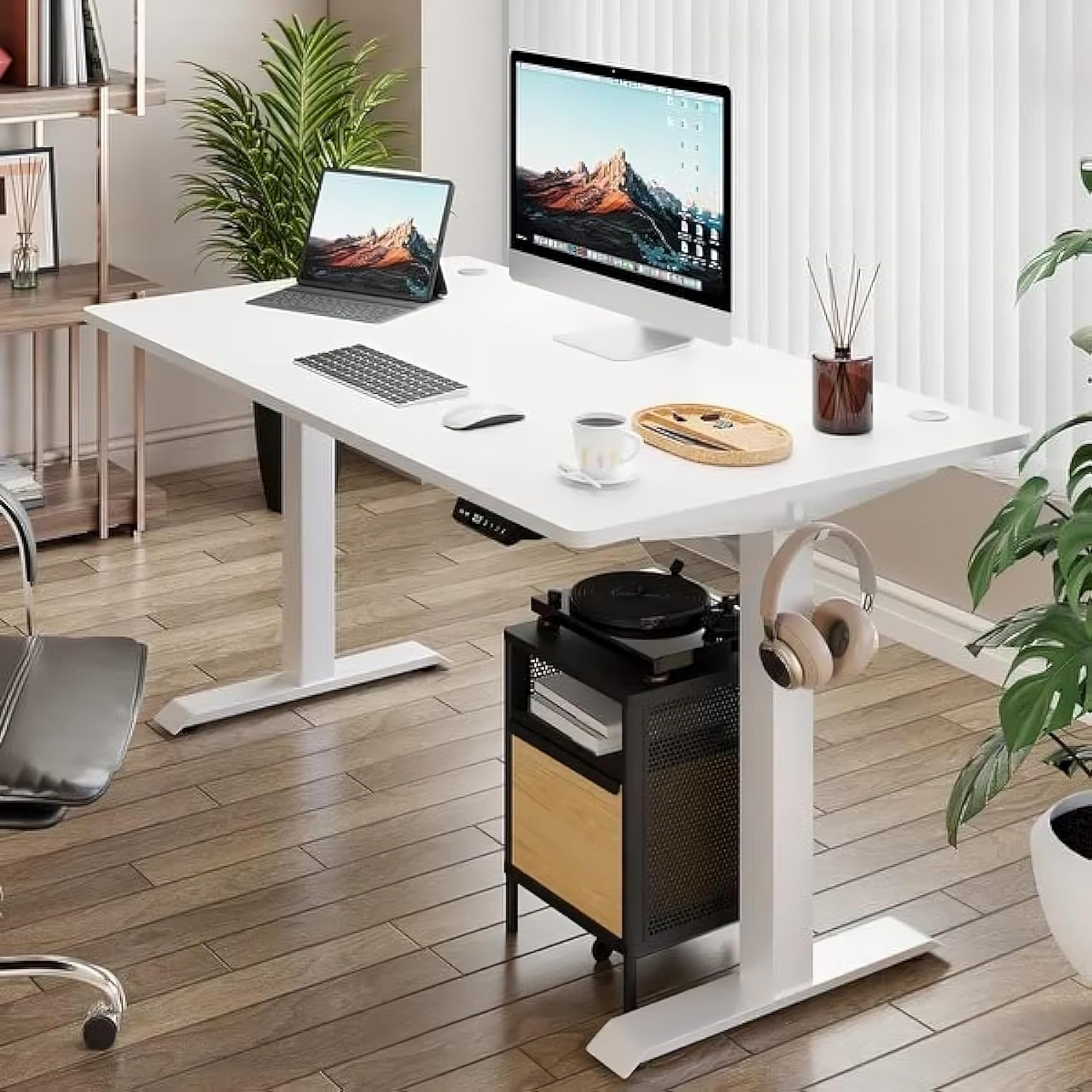 FOXBY TECH Electric Sit Stand Desk 55 x 24 Inch, Height Adjustable 70-114cm Standing Desk with Powerful Motor and 3 memory keys, Spacious Split Board Surface (All White)