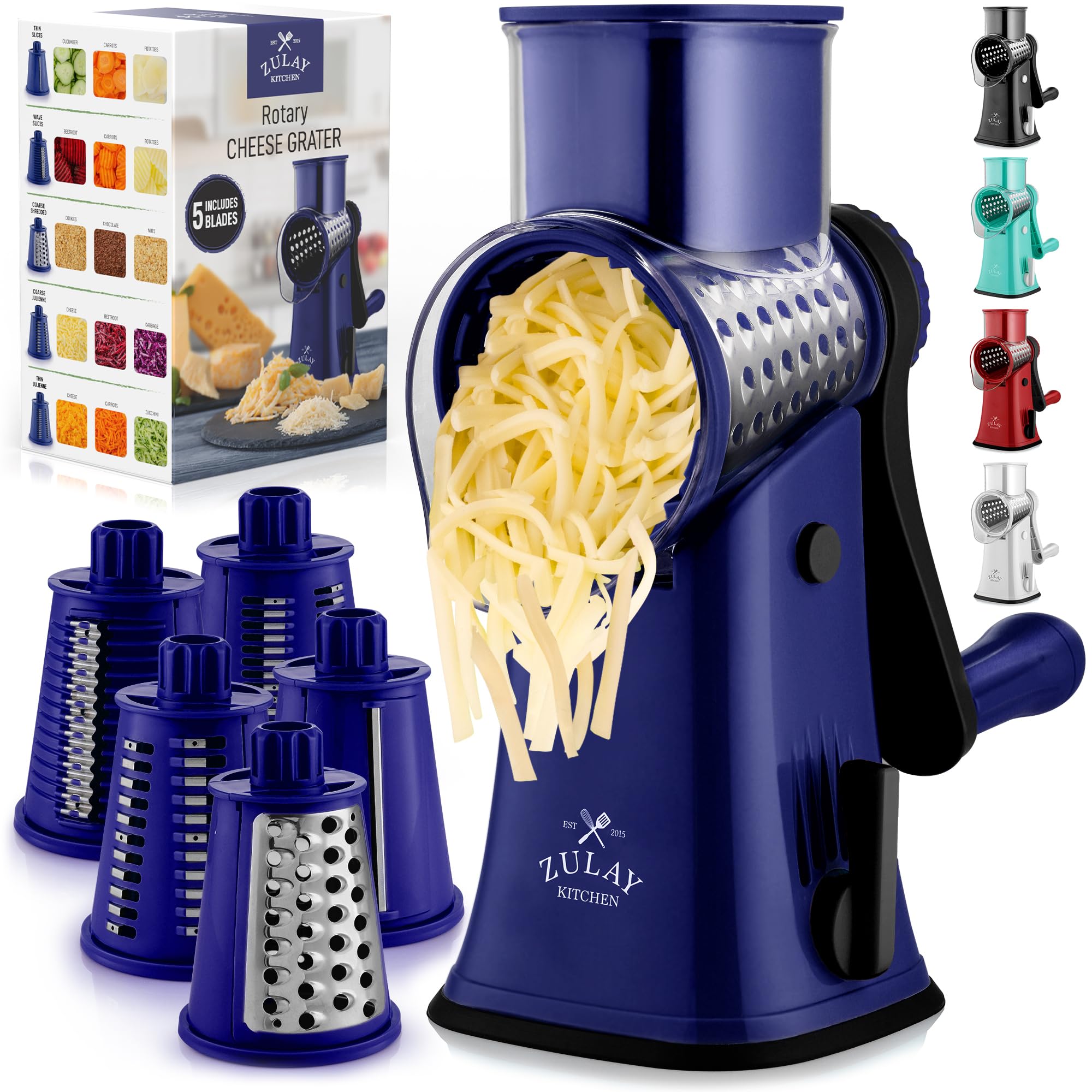 Zulay Kitchen Rotary Cheese Grater with Handle & Upgraded Suction Base - Cheese Shredder with 5 Interchangeable Stainless Steel Blades - Multifunctional Vegetable Cutter & Nut Grinder (Sapphire)