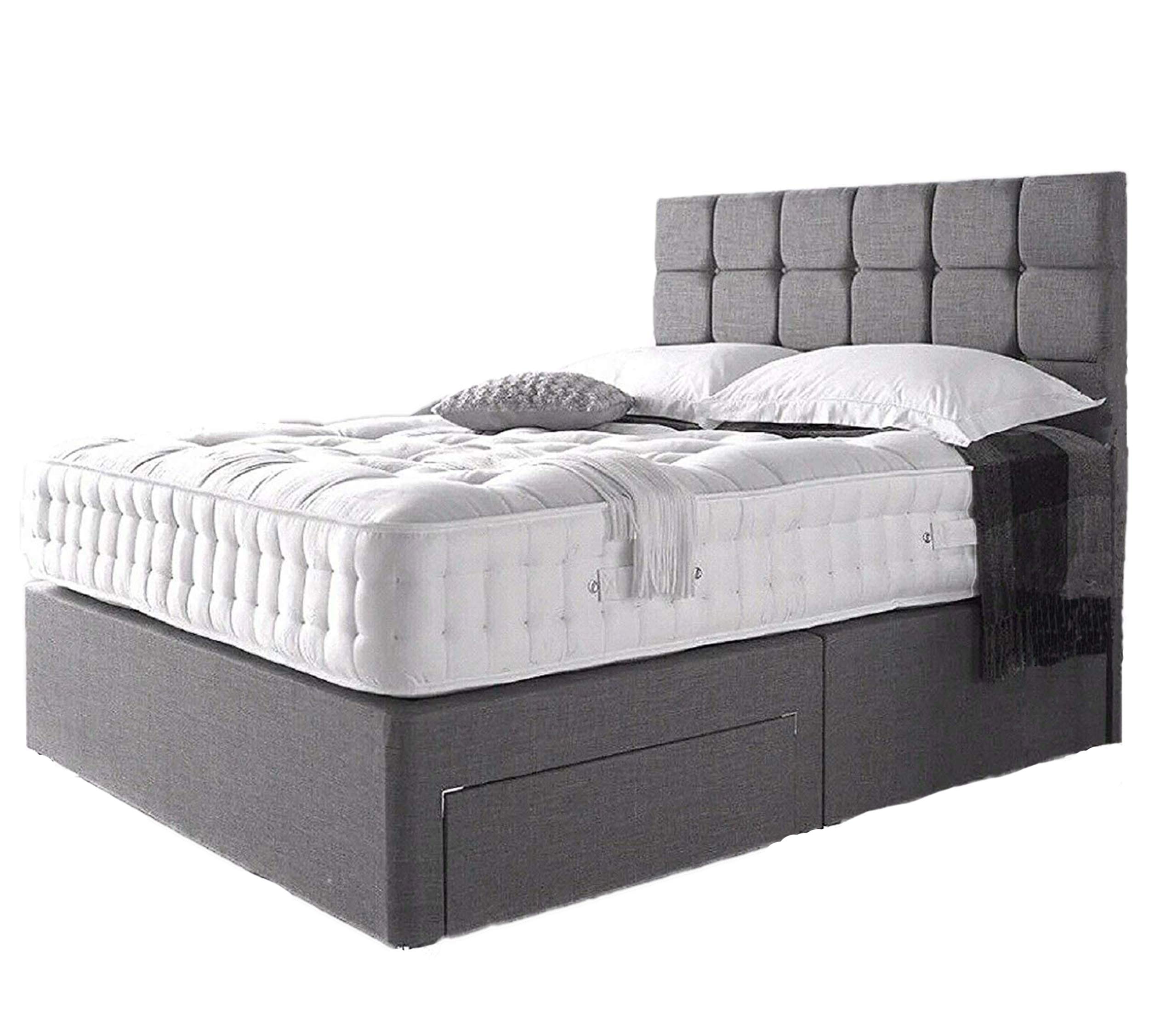 4FT6 Double Linen Look Grey Divan Bed with Mattress 10", Matching Colour cube Headboard 20" and 2 Free Storage Drawers (W=135 L=190 cm - 2 Drawers) (4FT6 Double)