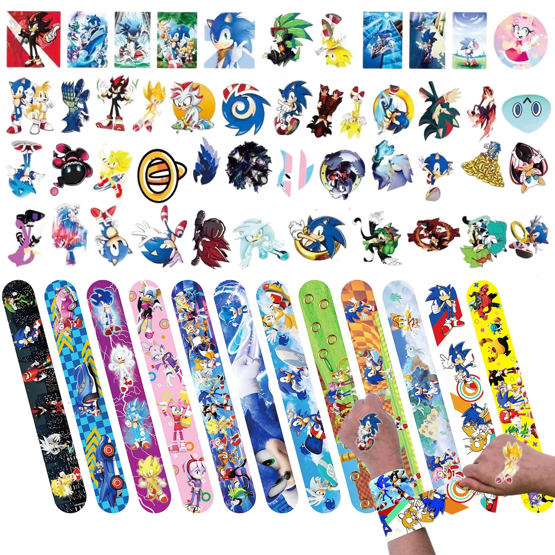 50p Cartoon Stickers&10p Slap Bracelets Wristband Slap Bands for Kids Party Bag Filler,Cartoon Snap Bracelet Bands Bulk for Kids Boys Girls Birthday Cartoon Party Supplies Favors,Classroom Prizes Gift