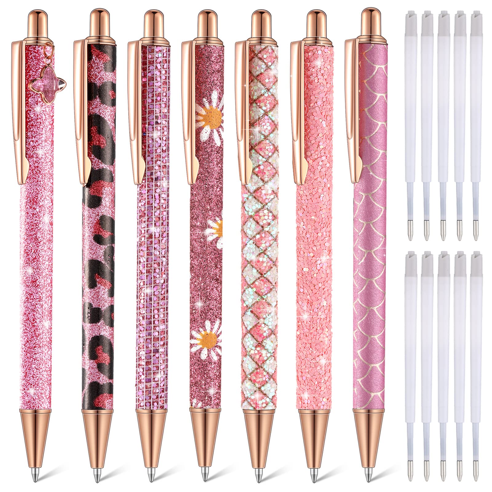 Sherr 7 Pcs Fancy Pens for Women Cute Pens Sparkly Glitter Pens with 10 Pcs Black Ink Refills Pretty Pen Gifts Journaling Pens for Girls Office School Christmas Graduation(Pink, Cute)