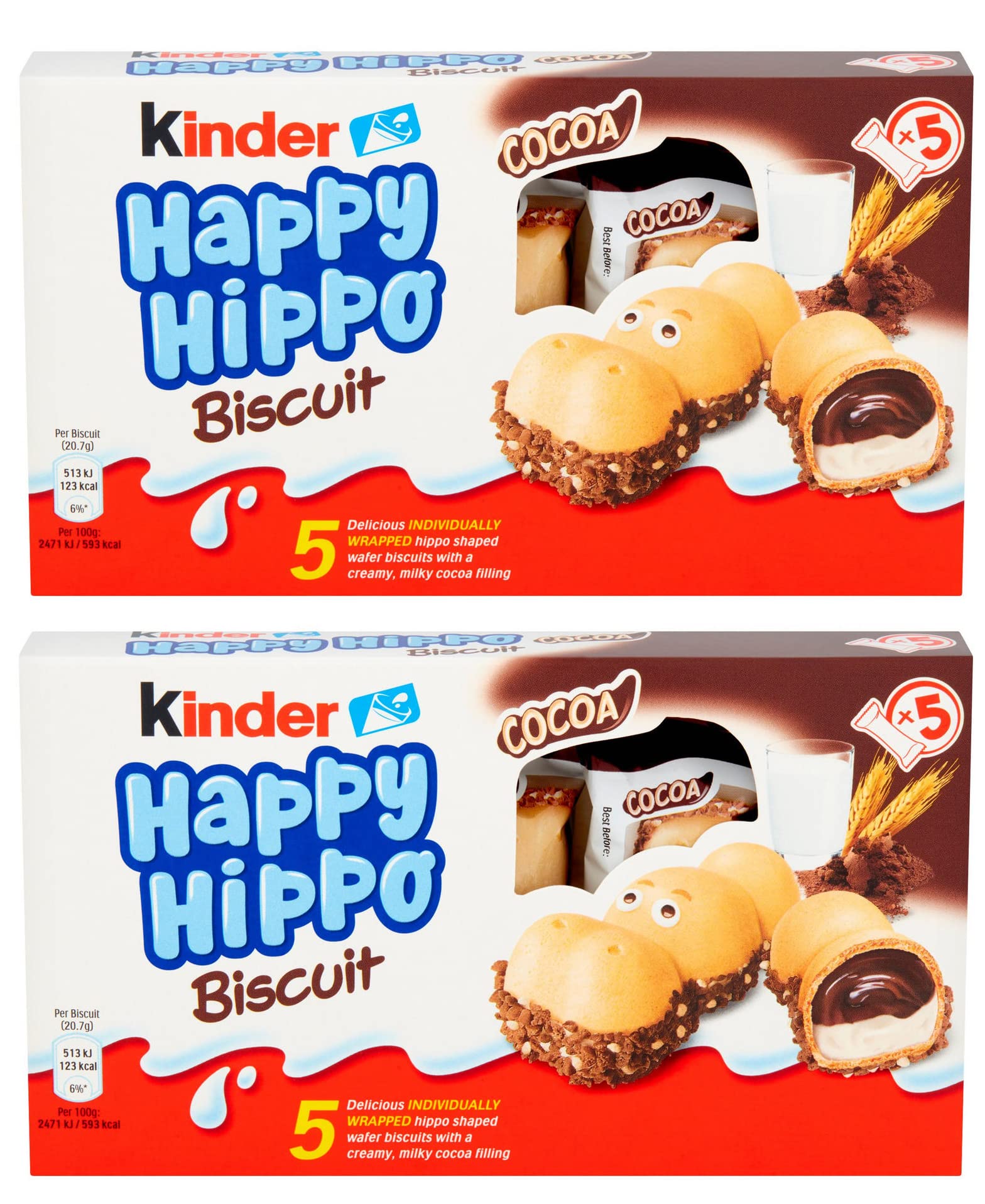 Kinder Happy Hippo Milk & Cocoa Cream - 5 Biscuits 103g (Pack of 2)