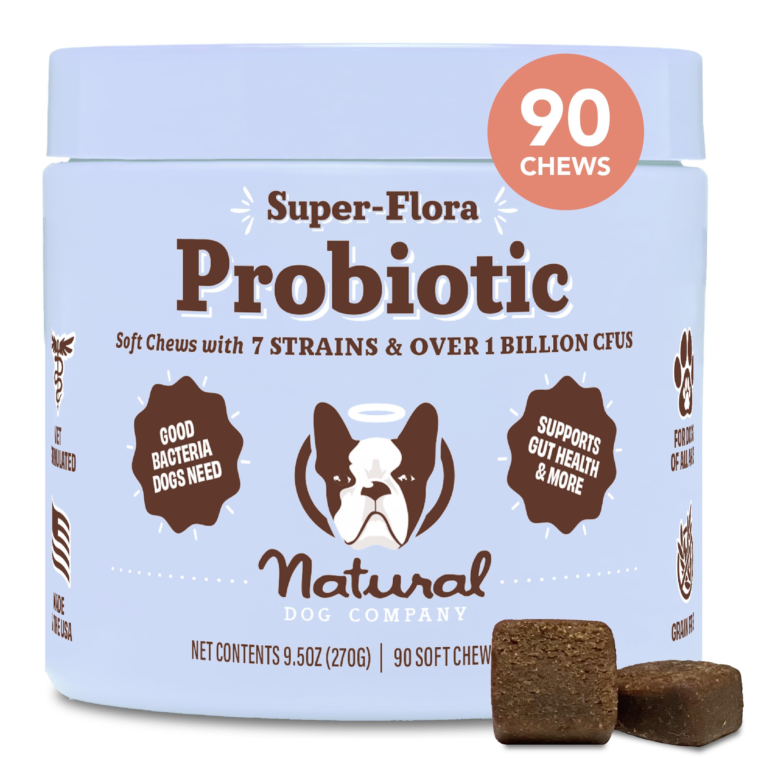 Natural Dog CompanyProbiotic Chews (90 Bites), Chicken Flavor, Helps with Digestion, Supports Immune System, Probiotics Supplement for Dogs of All Ages, Sizes & Breeds.