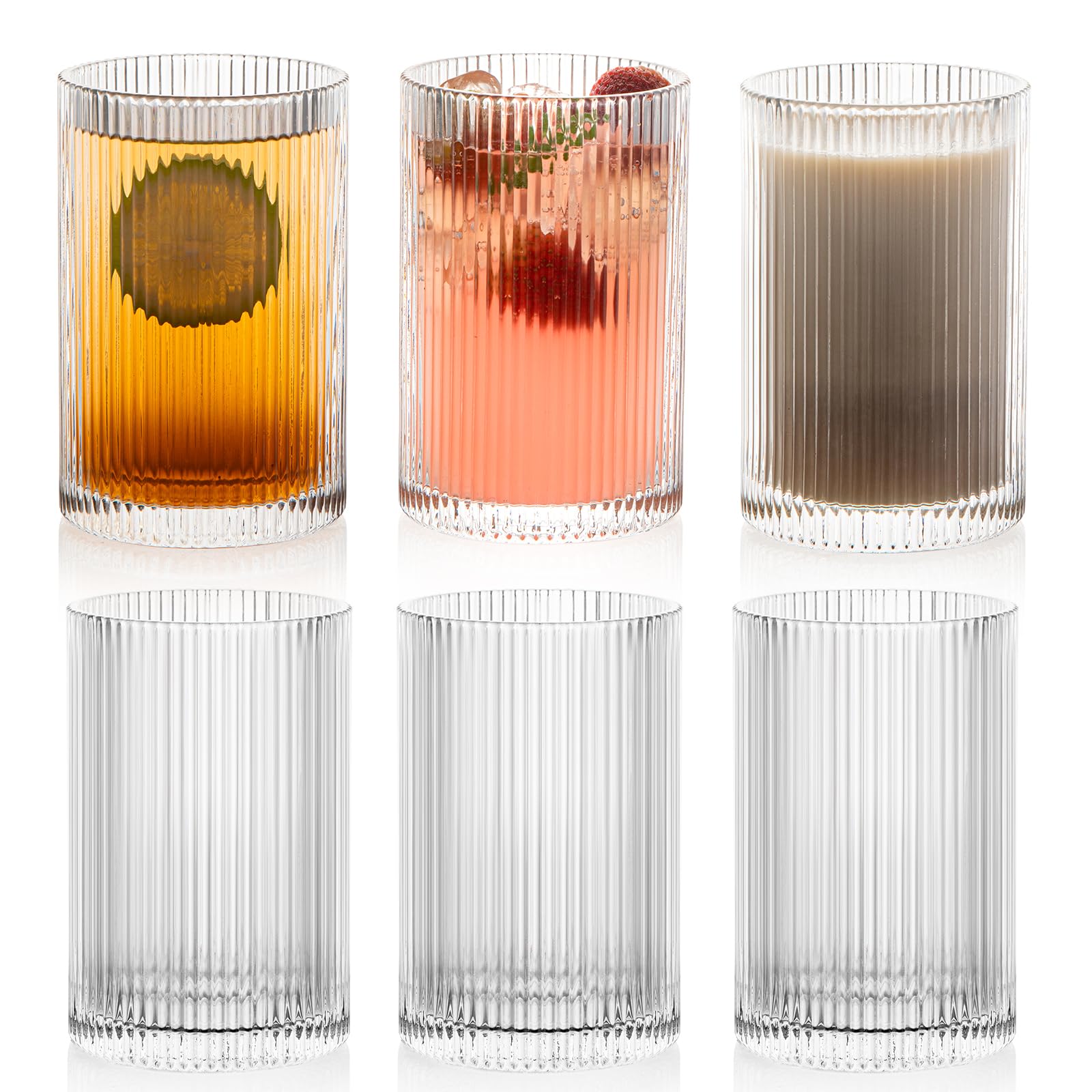 POLIDREAM Set of 6 Ribbed Glassware, 500ml XL Cocktail Glasses, Art Deco Vintage Glassware, Fluted Ripple Drinkware Highball Glasses Ideal for Iced Coffee, Juice, Beer, Mixed Drinkware (17oz)