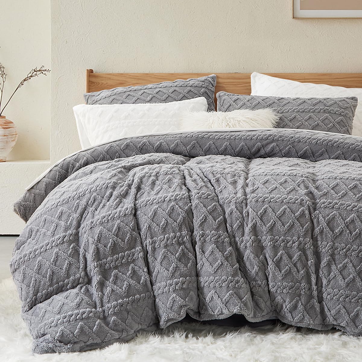 Lanqinglv Plush Bed Linen 135 x 200 cm Grey Fleece Flannel Fluffy Winter Bed Linen Sherpa Warm Tufted Cashmere Touch Cuddly Duvet Cover with Zip and 1 Pillowcase 80 x 80 cm