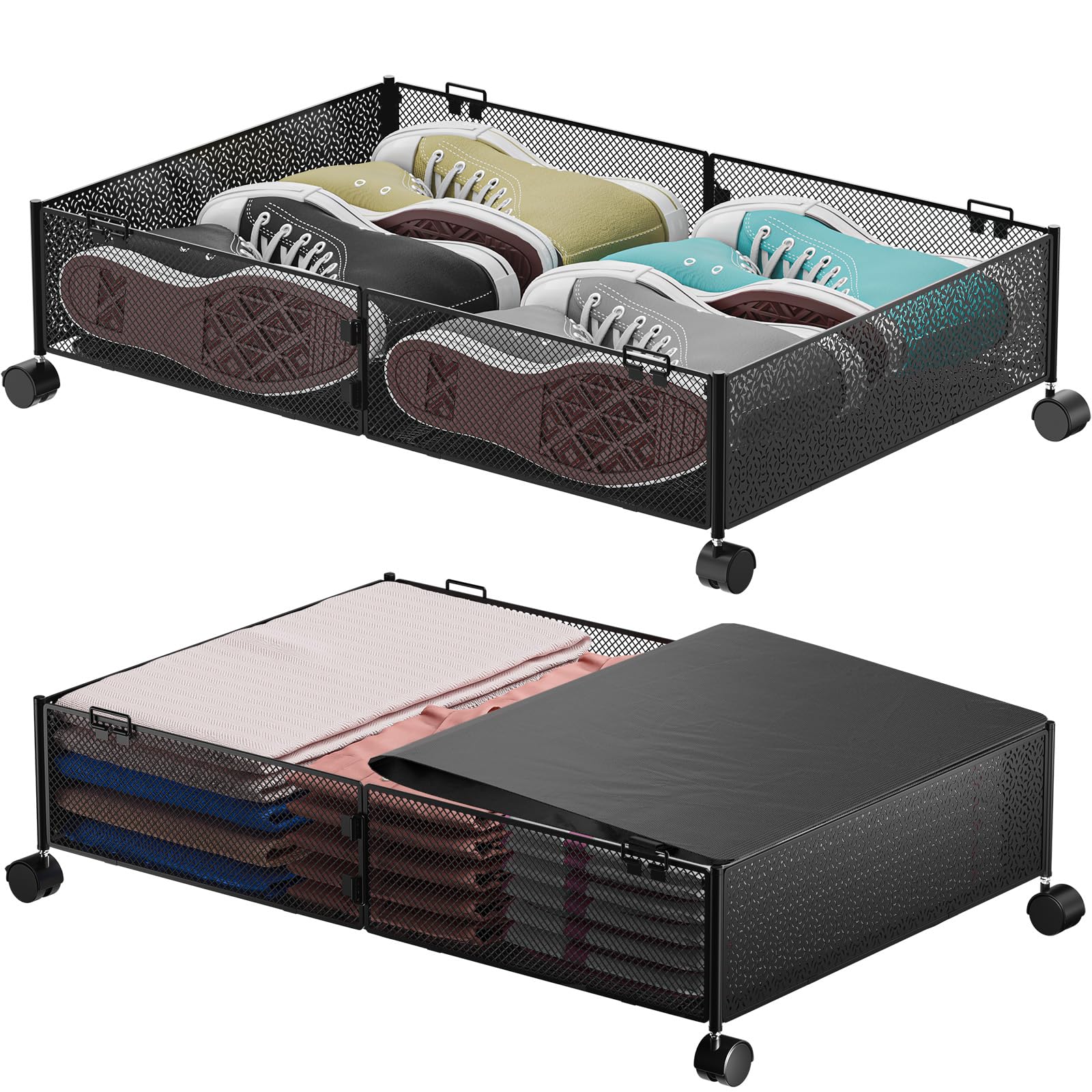 TUMUCUTE Under Bed Storage Containers with Wheels, Under Bed Drawers Boxes Storage Organizer for Shoe, Clothes, Toy, Book, Blanket, Foldable Under Bed Storage Rack Bedroom, Tool-free Assembly (2 Pack,