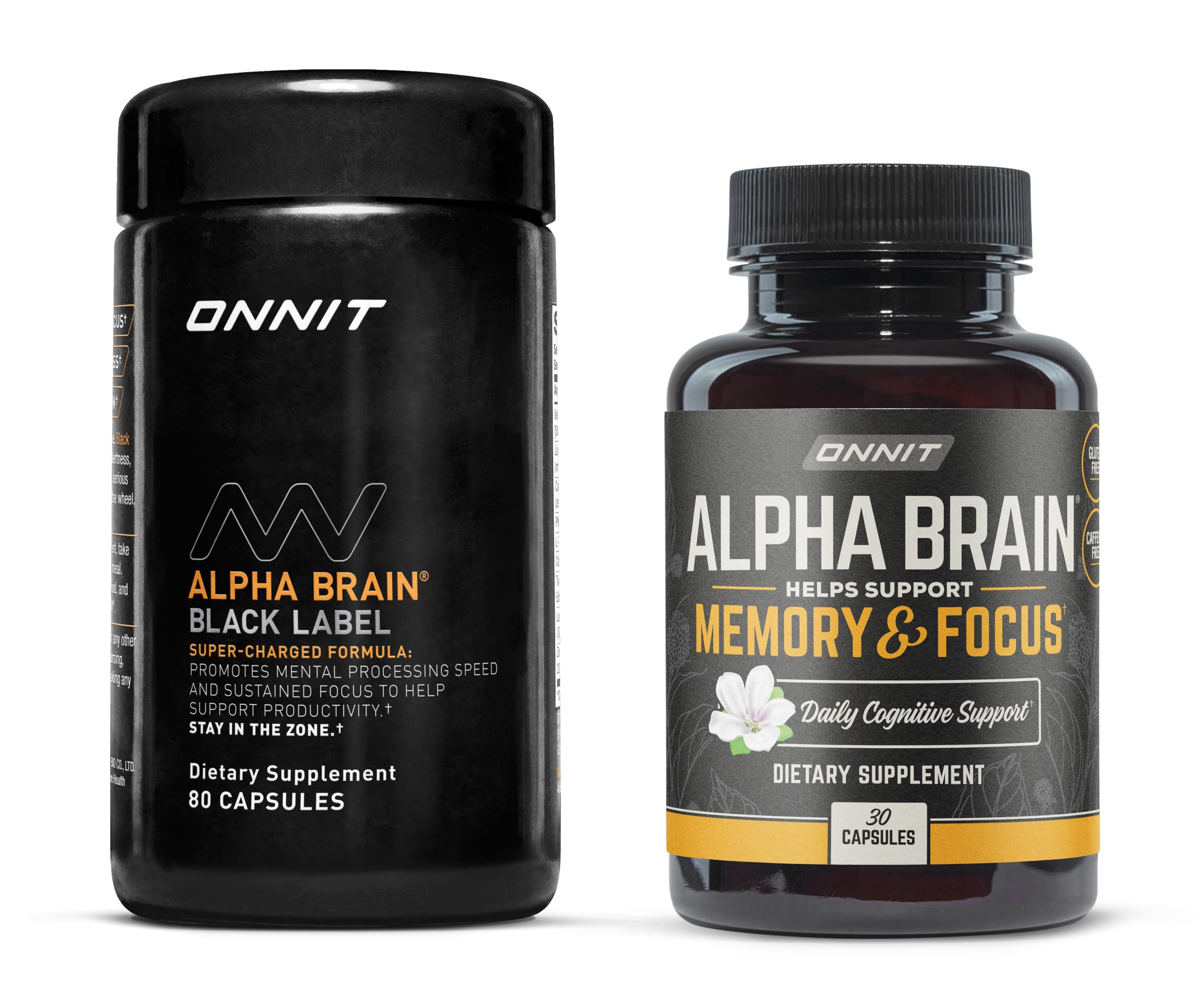 ONNIT Premium Alpha Brain Bundle - Nootropic Brain Supplement (30 Count) + Black Label Citicoline Brain Supplement (80 Count) - Promotes Focus, Concentration & Memory