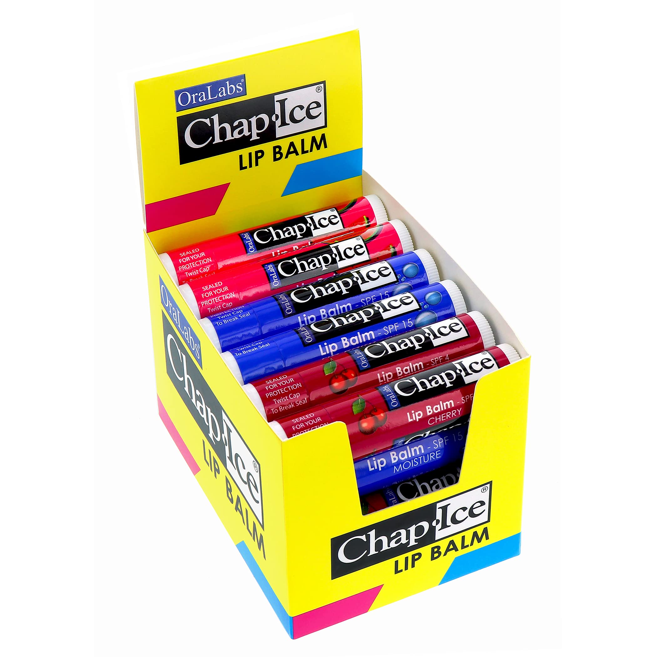 CHAP-ICEPremium and Traditional Lip Balm for Chapped, Dry, or Windburned Lips | 3 Flavor Assorted (SPF-15) - Cherry, Moisture & Watermelon - 24 Sticks (0.15oz/4.25g)