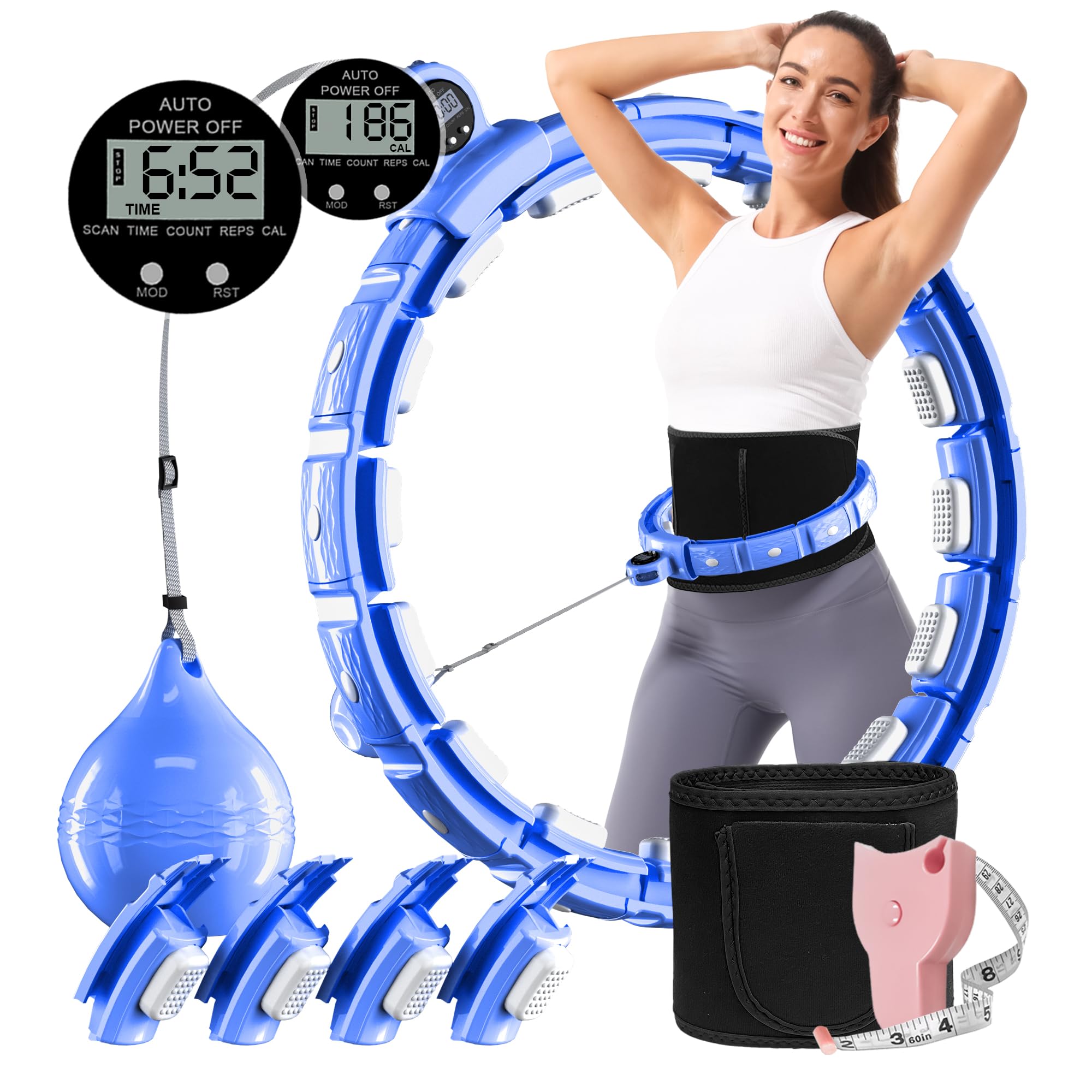 CozyladySmart Weighted Hula Ring Hoops for Adults Weight Loss, Quiet Infinity Hoop with Ball, Fitness Hoop Plus Size 140CM, Silent Hoola Hoop with 20 Adjustable Links,Exercise Belt & Measuring Ruler