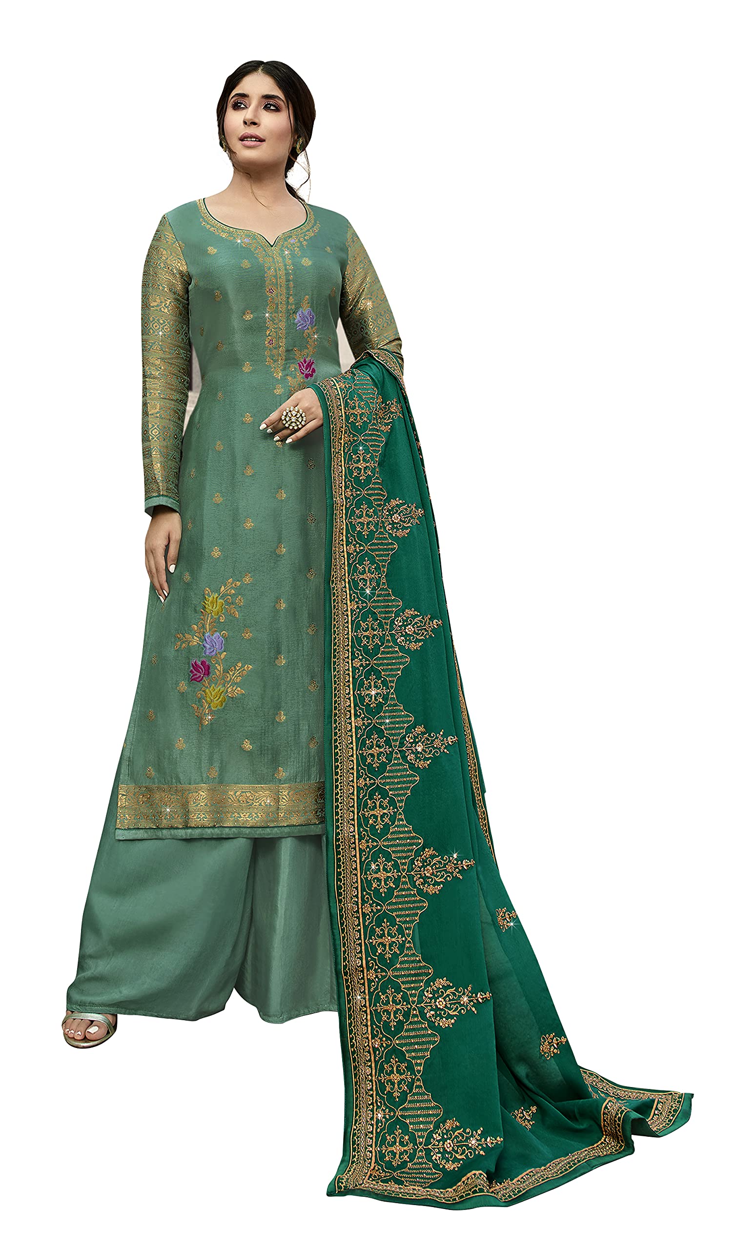 RIWAAYAT TRENDS Women's Pure Dola Meenakari Jacquard Hand work Pakistani Dress Material with Pure Georgette Heavy Embroidered Dupatta